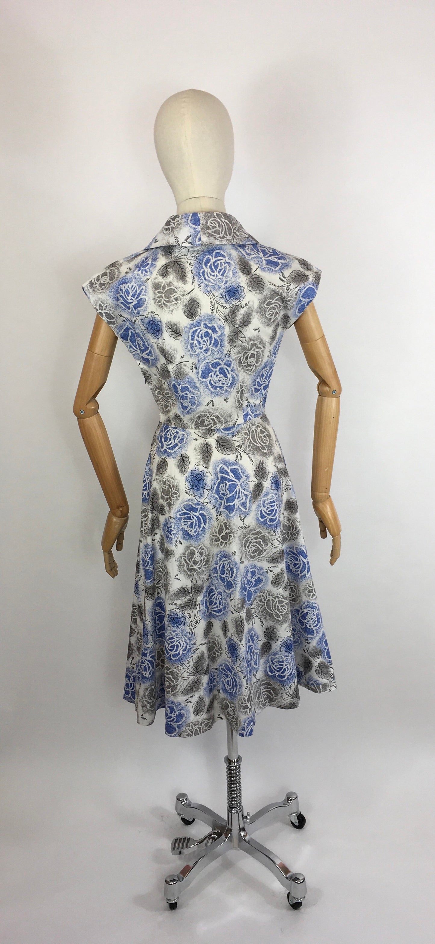 Original late 1940s Floral Dress - In A Crisp Cotton in Soft Greys, Charcoals and Blues