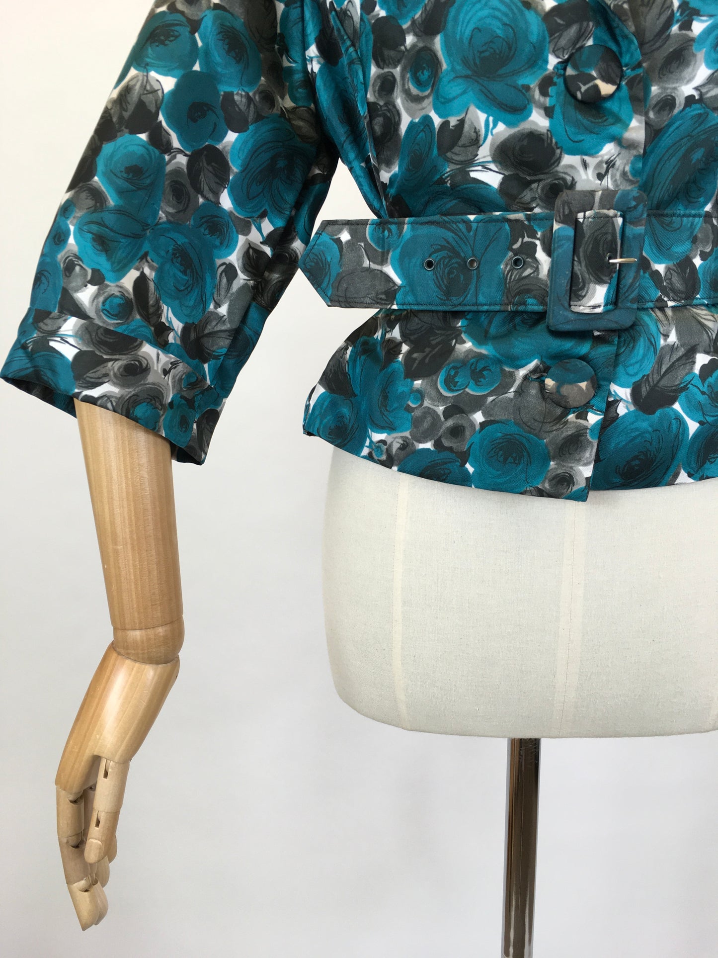 Original 1950’s Floral Jacket & Belt Set - In A Bright Turquoise, White and Charcoal