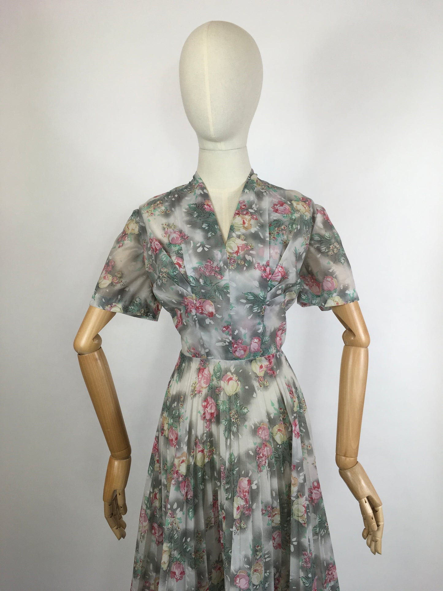 Original 1950s ‘ Eastex ‘ Floral Dress - In a Lovely Muted Colour Pallet of Soft Pinks, Muted Creams, Taupe and Greys