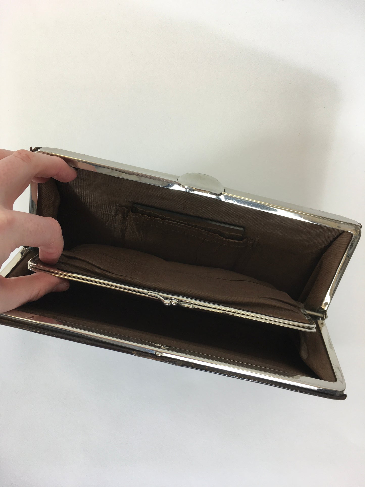 Original 1930’s Deco Crocodile Clutch Handbag - In A Warm Brown with Chrome Detailing