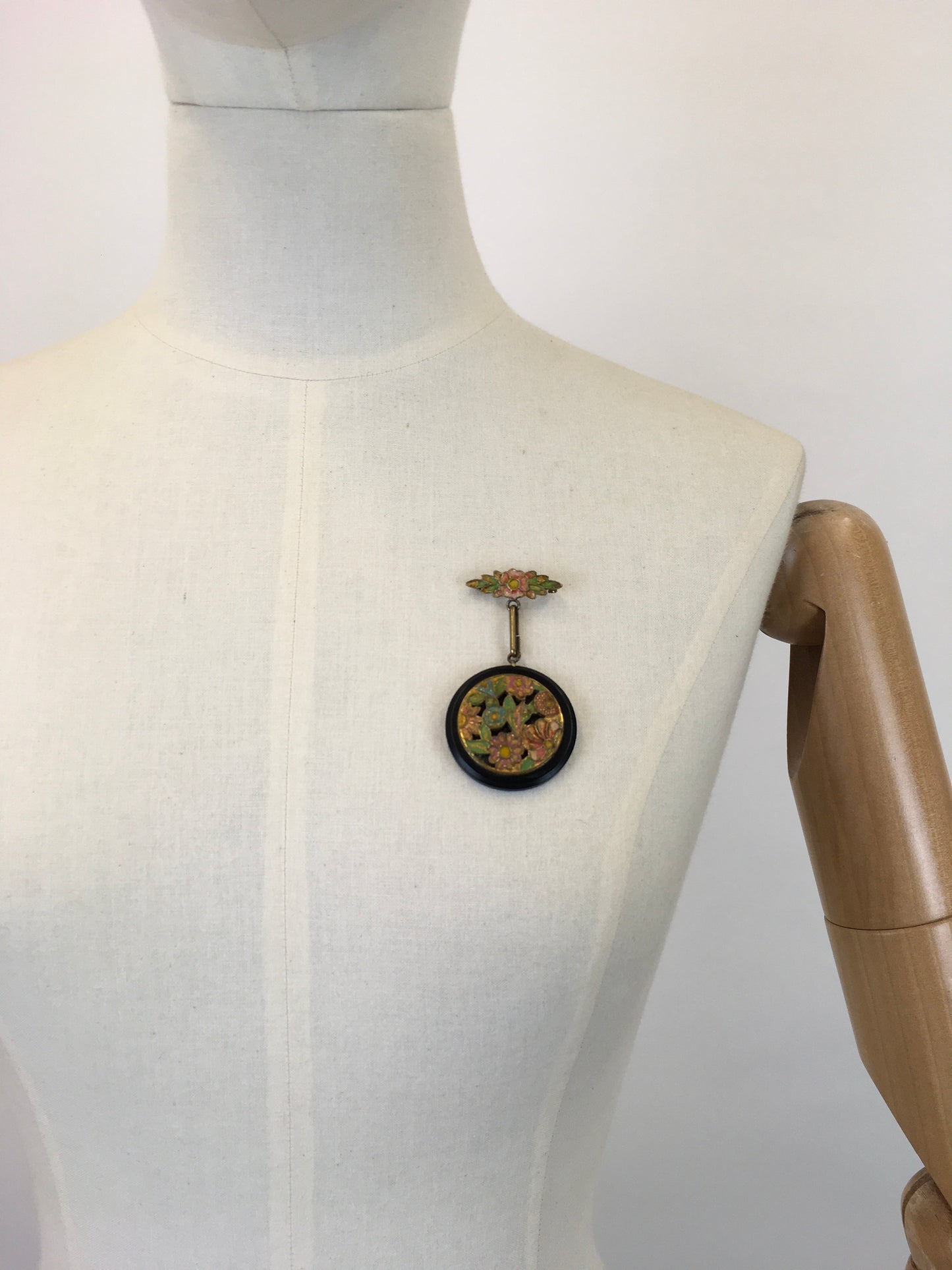 Original 1930’s Dangle Brooch - With Floral Enamel Overlay