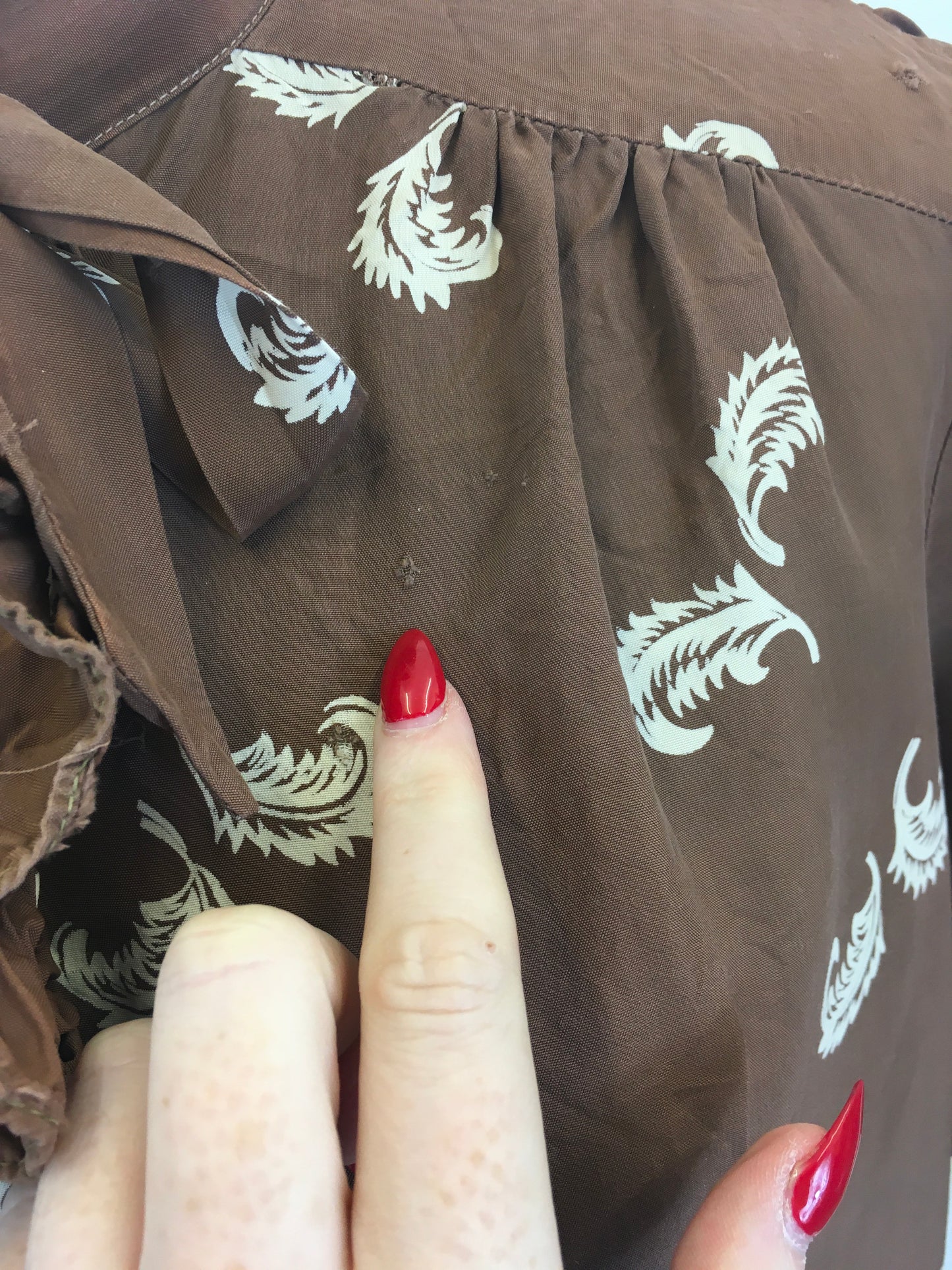 Original 1940’s AS IS Beautiful Rayon Blouse - In a Lovely Brown And White Feather Print