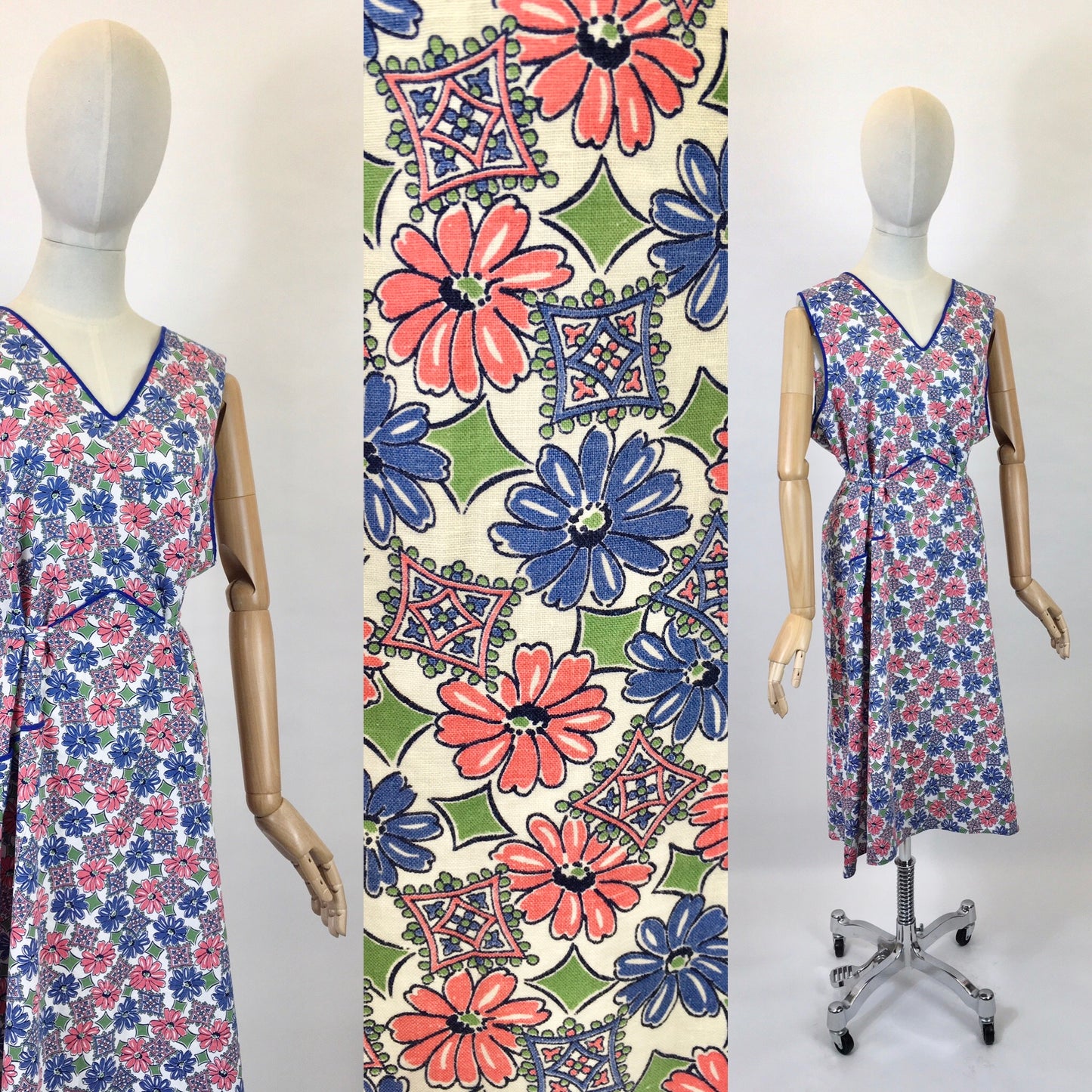 Original 1940’s Beautiful Floral Cotton Full Pinny - In Blues, Soft Pinks and Greens