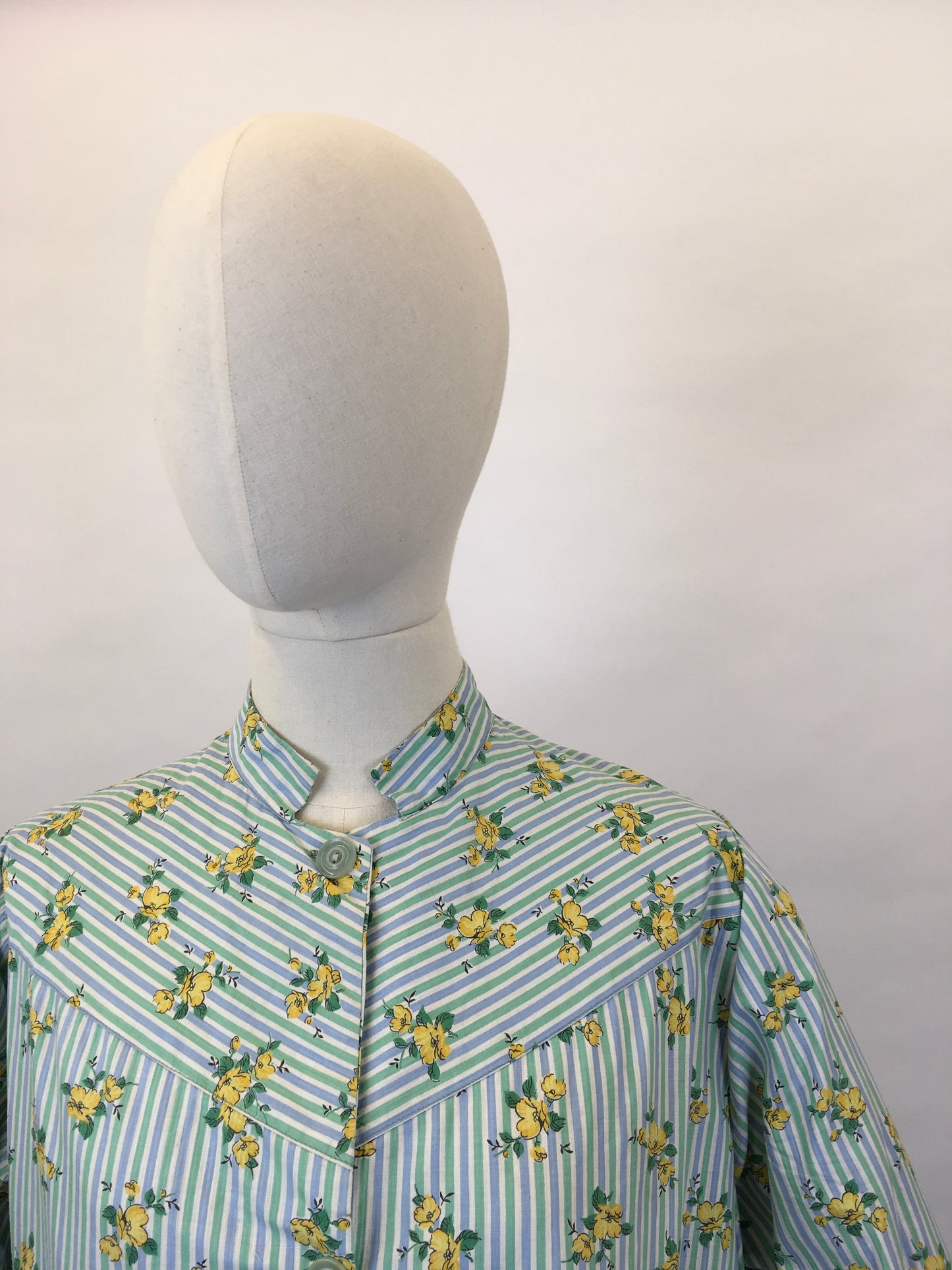 Original 1950s Smock Made By ‘ Country Reg’d ‘ - In a Lovely Contrast Floral and Stripe in Soft Greens, Blues and Buttercup Yellows