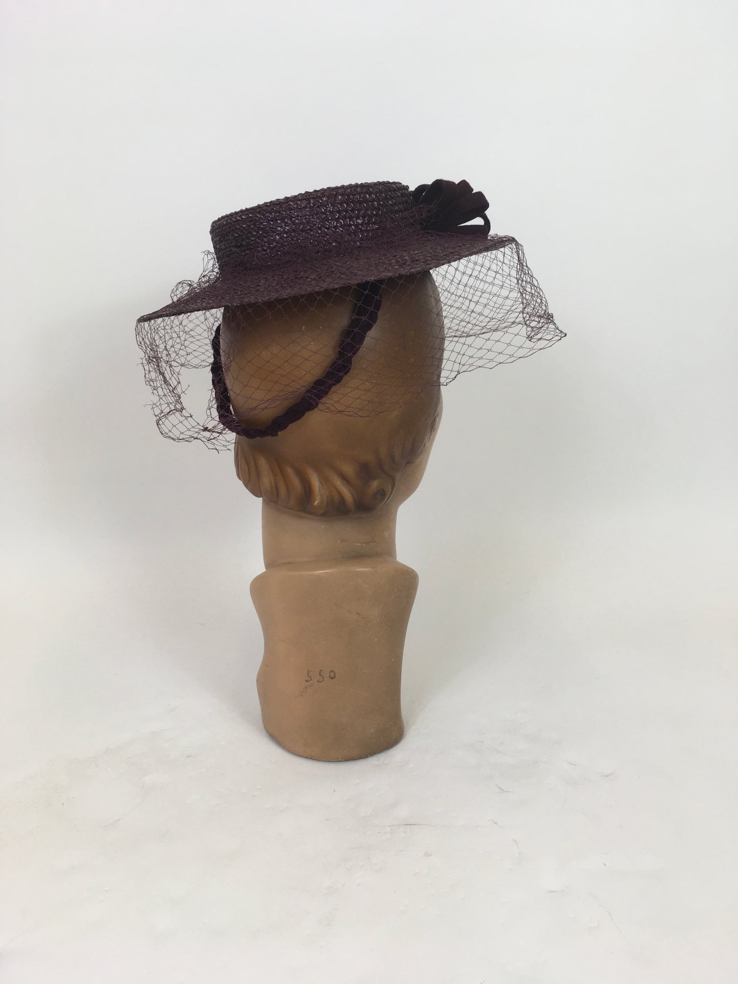 Original 1940's Darling Raffia Tilt Hat with Felt Adornment & Veiling - In Winter Berry