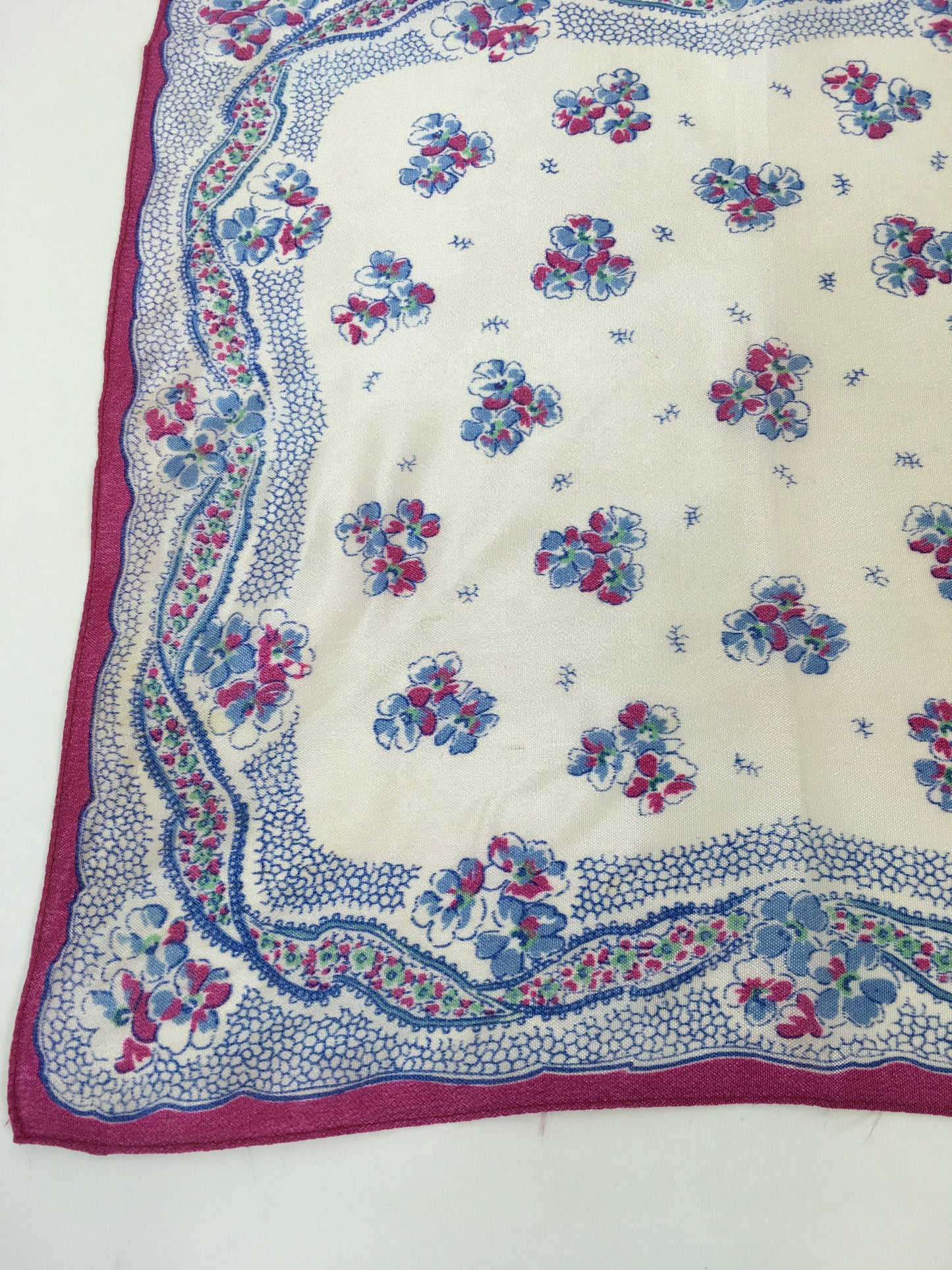 Original 1940’s Rayon Hankie - In Cerise Pink, Ivory and Blue