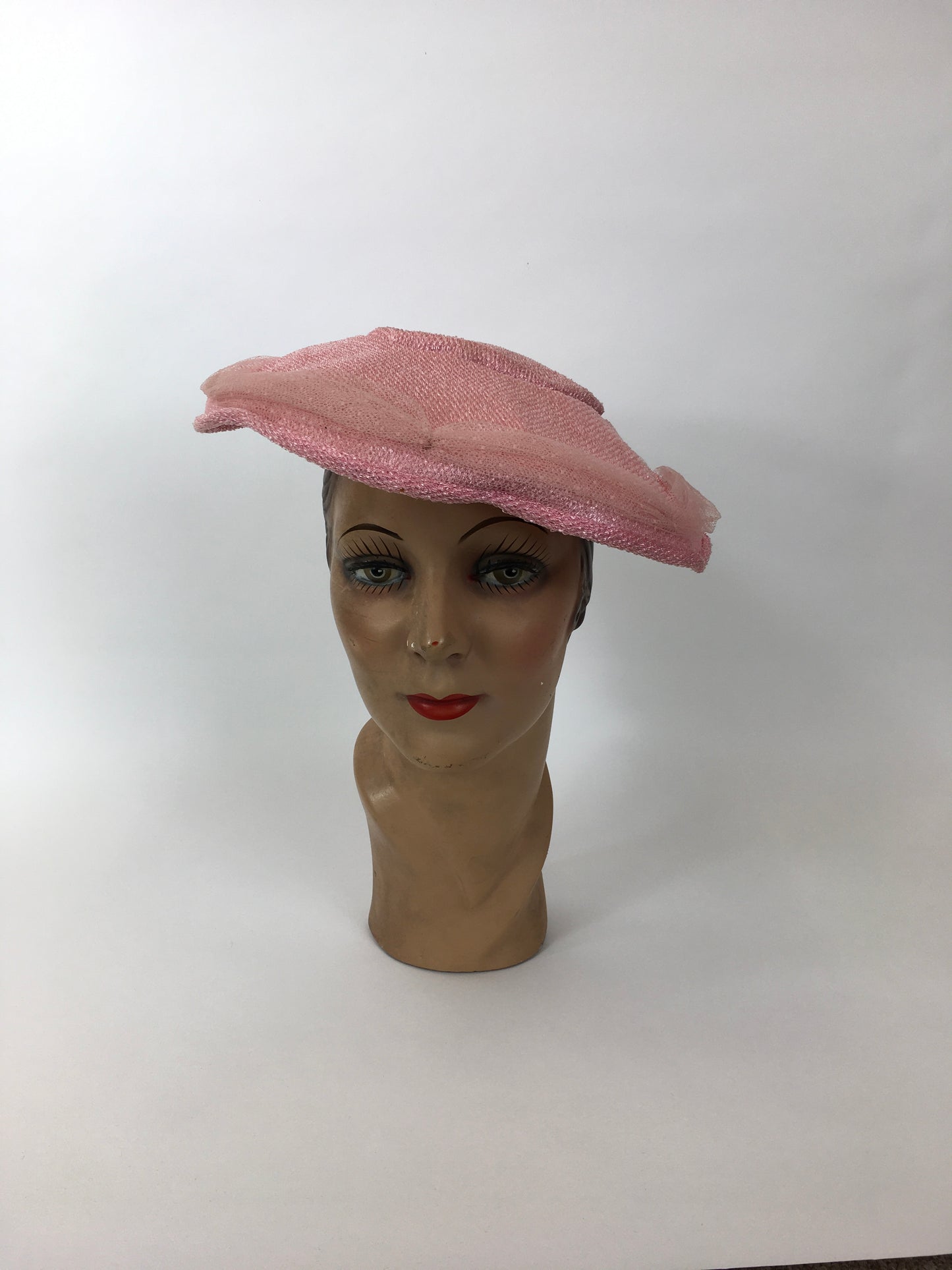 Original 1950’s Darling Powder Pink Platter Hat - With Attached Polka Dot Veiling and Bow
