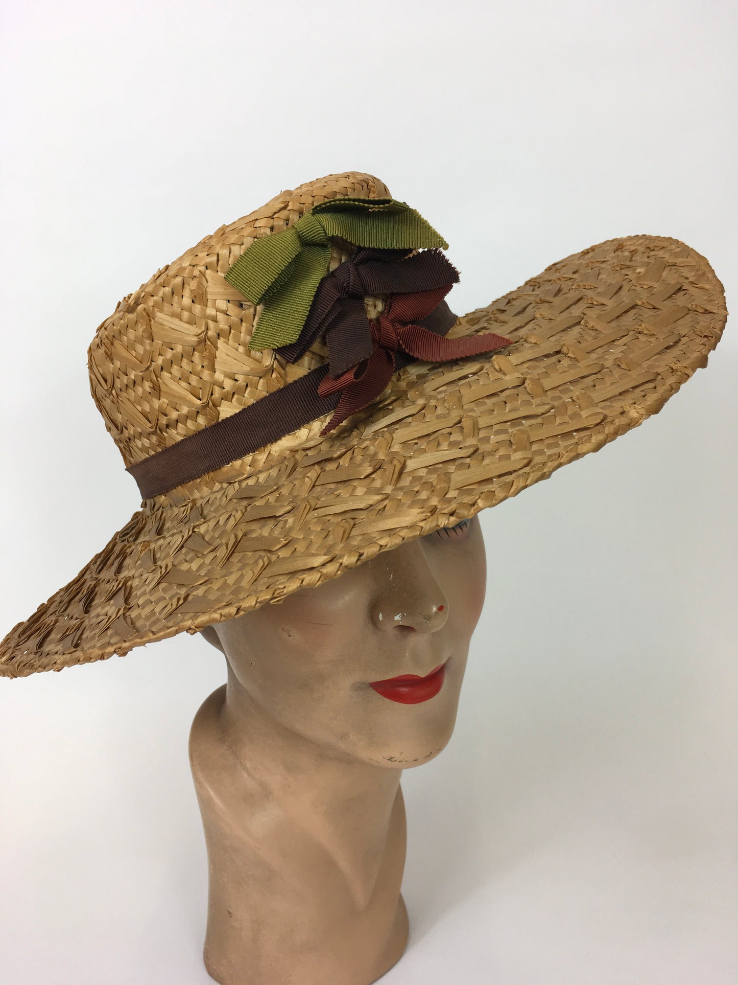 Original 1940’s Straw Hat With Grosgrain Ribbon - In Warm Browns, Grassy Greens and Maroons