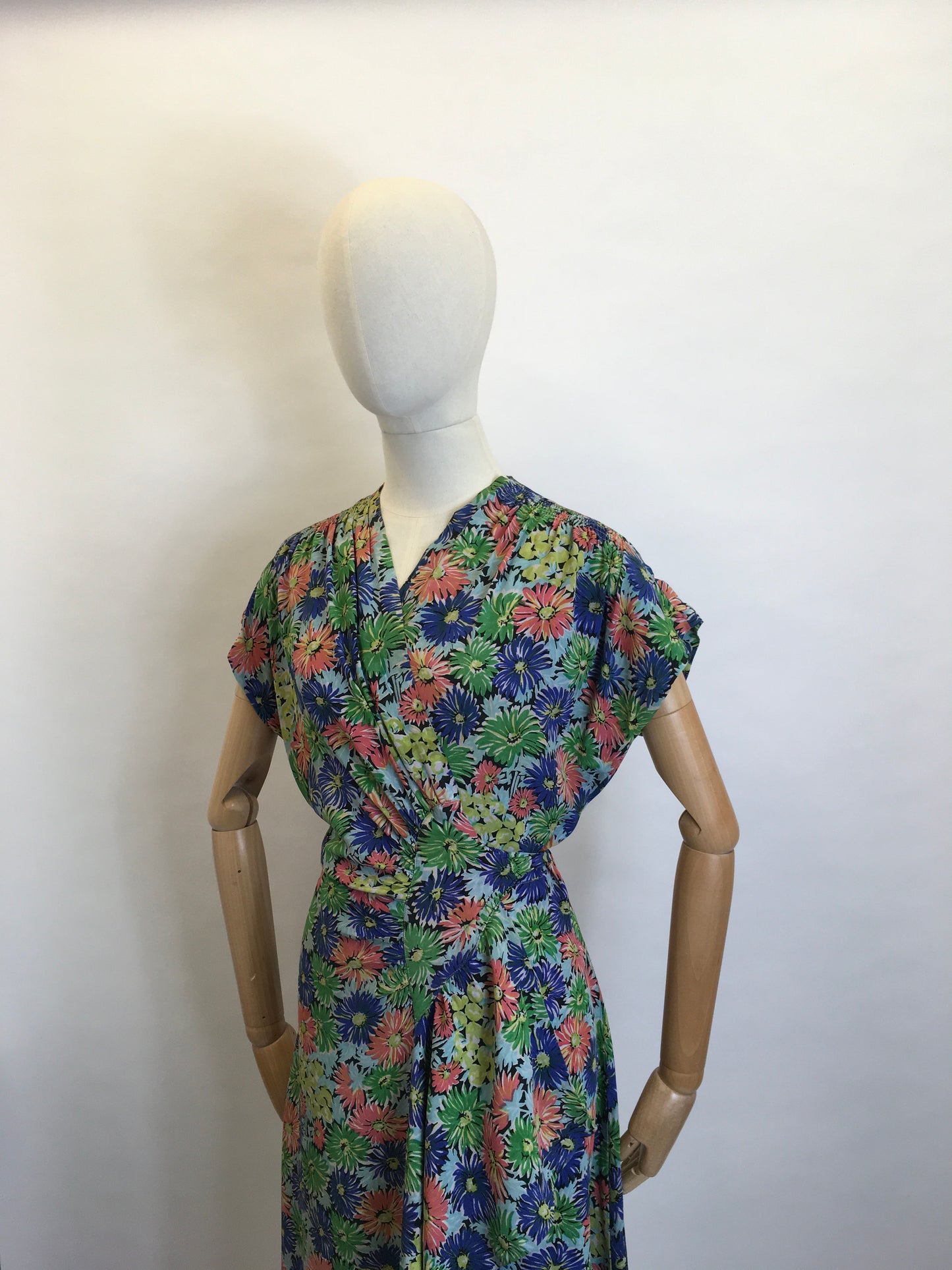 Original 1940’s STUNNING Floral Rayon Wrap Dress - Beautiful Waterfall Hip Swag