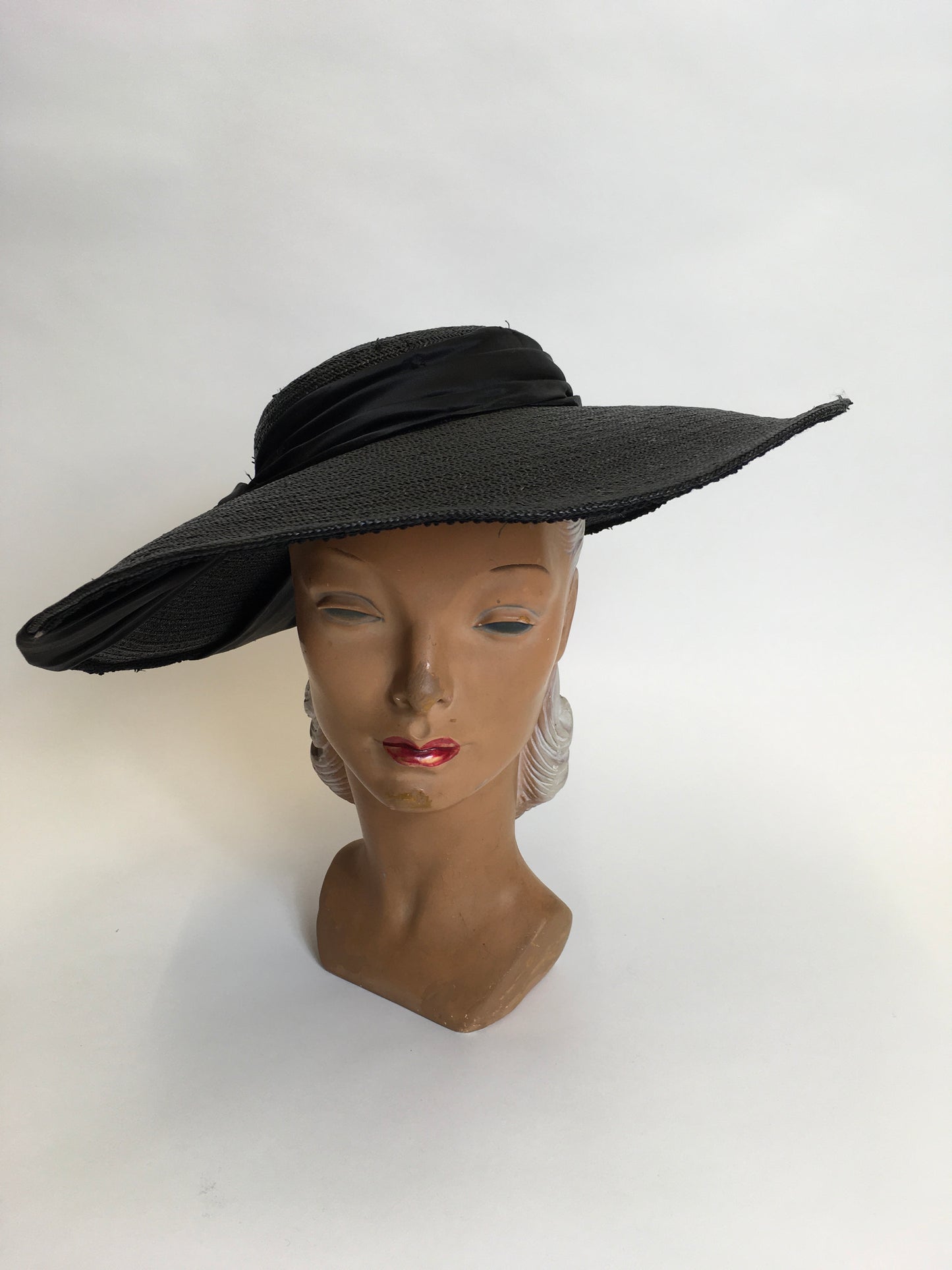 Original 1940’s Black Saucer Hat - ‘ Made In France ‘ With Black Satin Bow Ribboning