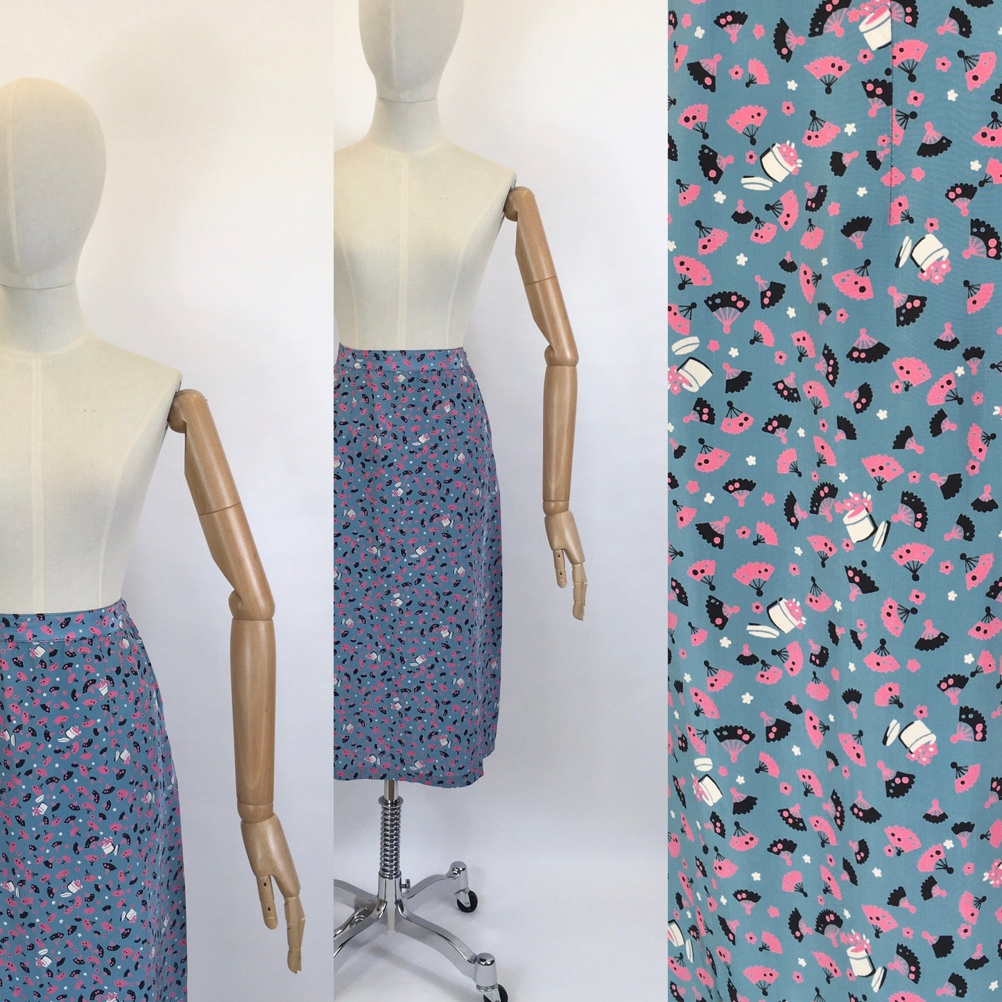 Original 1940’s FABULOUS Novelty Print Rayon Skirt - Featuring A Vanity Scene of Fans, Trinket Pots and Vases