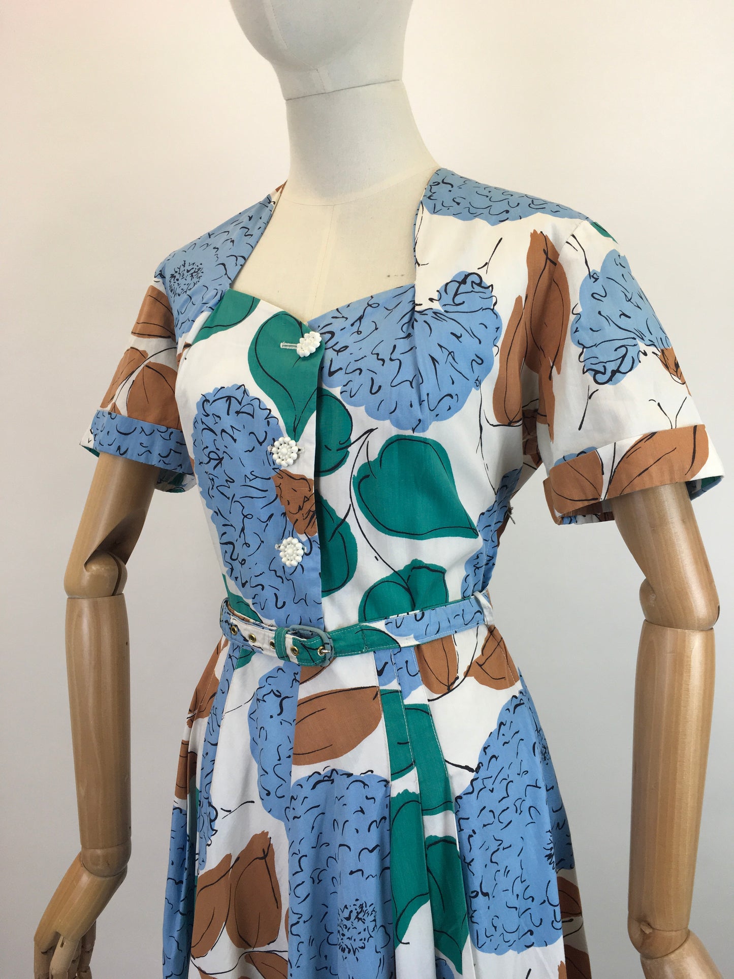 Original Late 1940’s Floral Cotton Day Dress - In Airforce Blue, Caramel Brown, Emerald on Crisp Off White