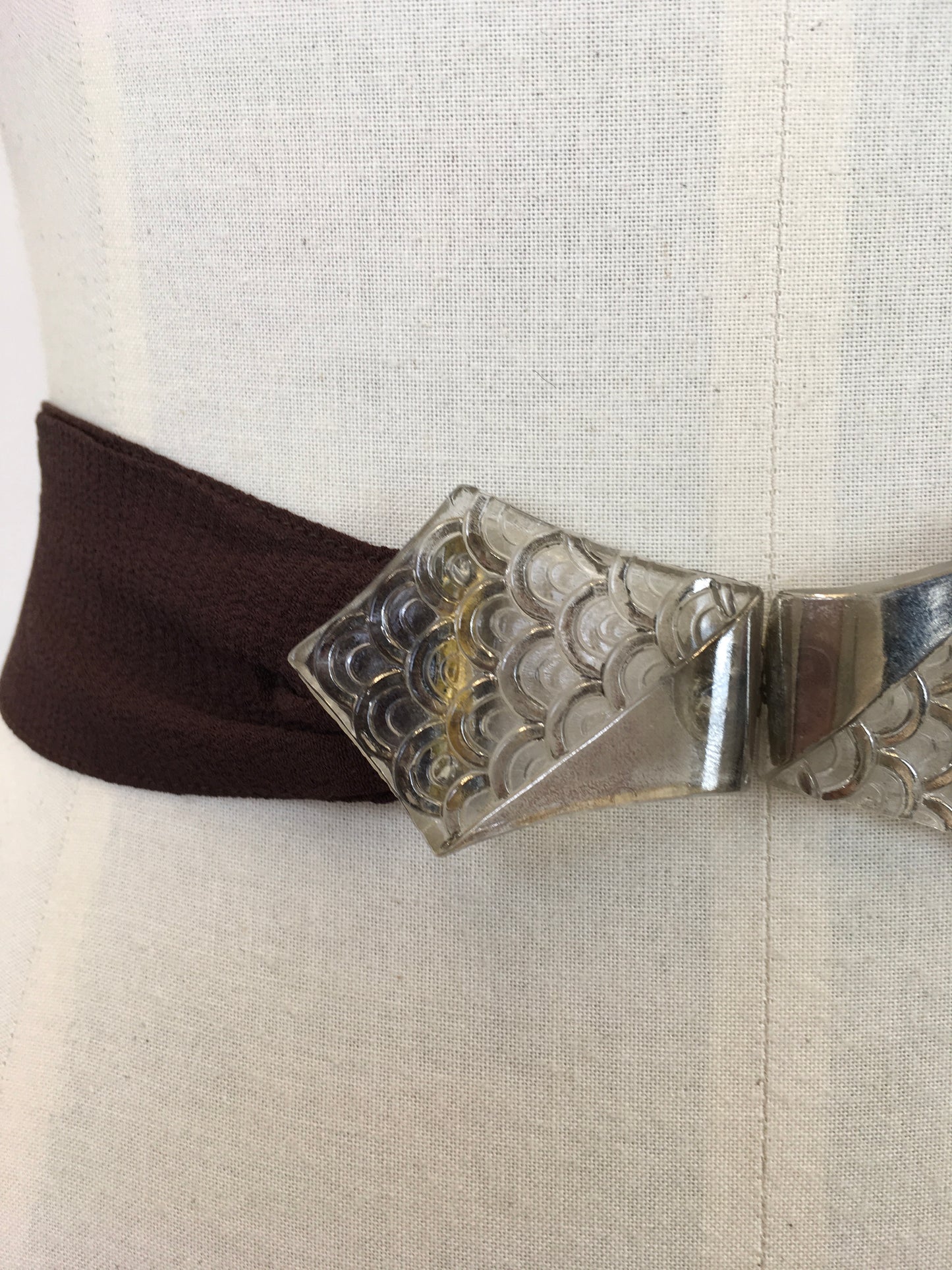 Original 1930’s Brown Crepe Belt - With Deco Glass Buckle Clasp