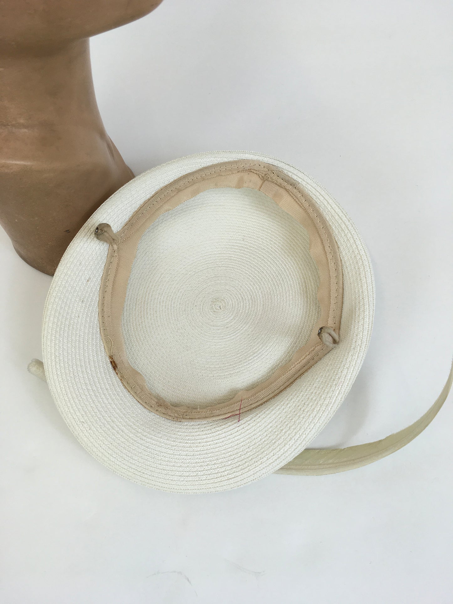 Original 1950's Darling White Straw Hat - With Feather Adornment and Velvet Plait Trim