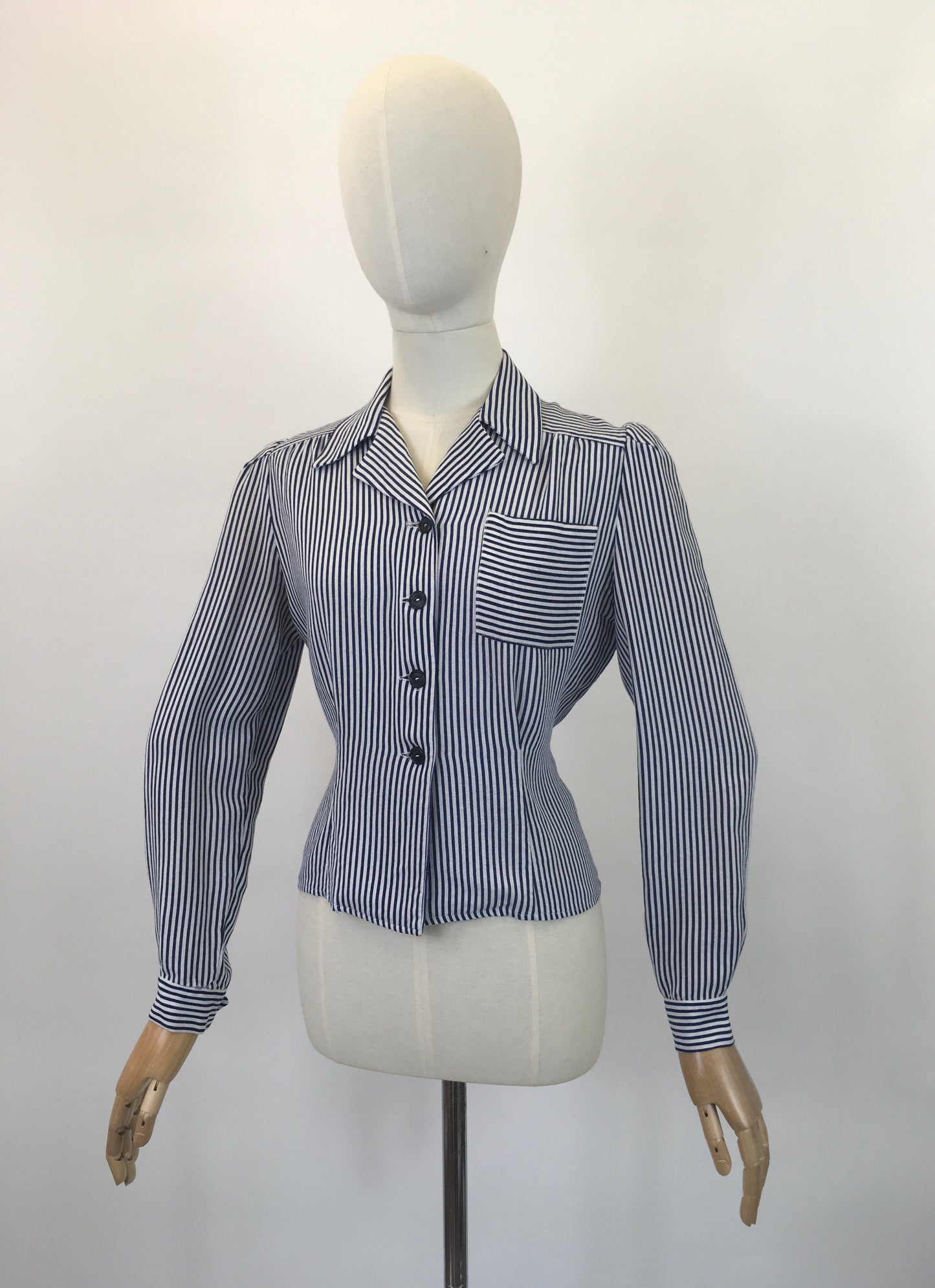 Original 1940's Fabulous CC41 Utility Blouse - In A Classic Navy & White Linen