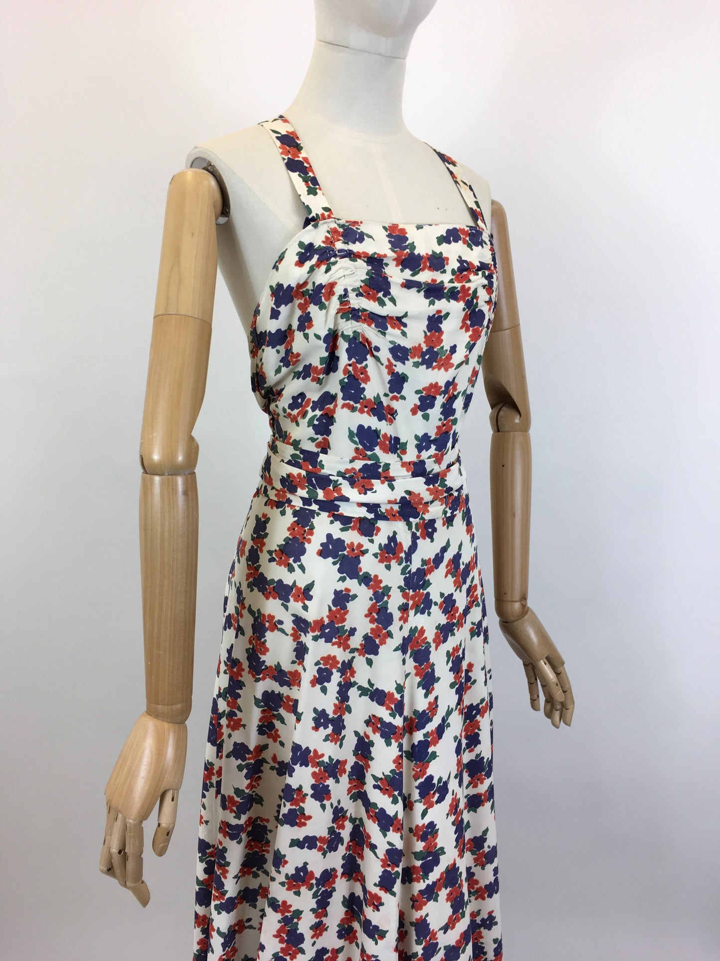Original Late 1930’s Stunning Evening Gown - Navy & Coral Red Floral Rayon