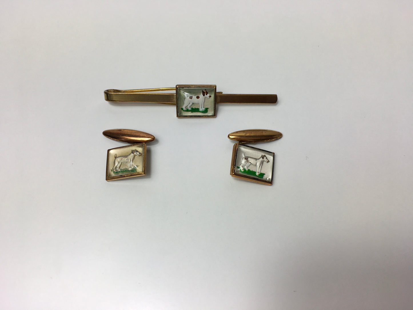 Original Gents Tie Pin and Cufflinks Set - With a Lovely Terrier Dog Motif in a Patch of Grass