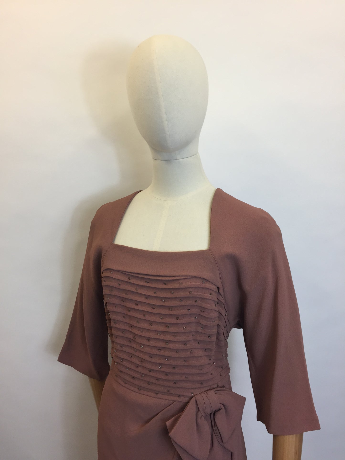 Original 1940s Formal Crepe Dress - Beautiful Waist Bow & skirt overlay shaping