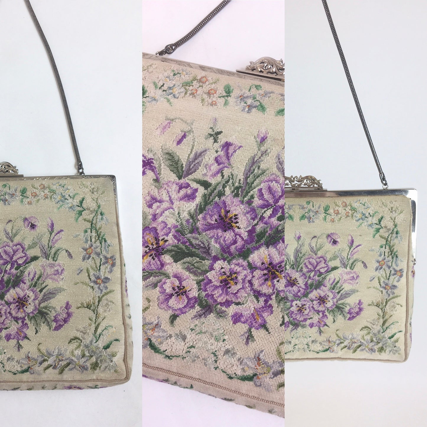 Original 1950’s Floral Tapestry Handbag - By ‘ Harrods’ in Violets, Lilacs and Greens