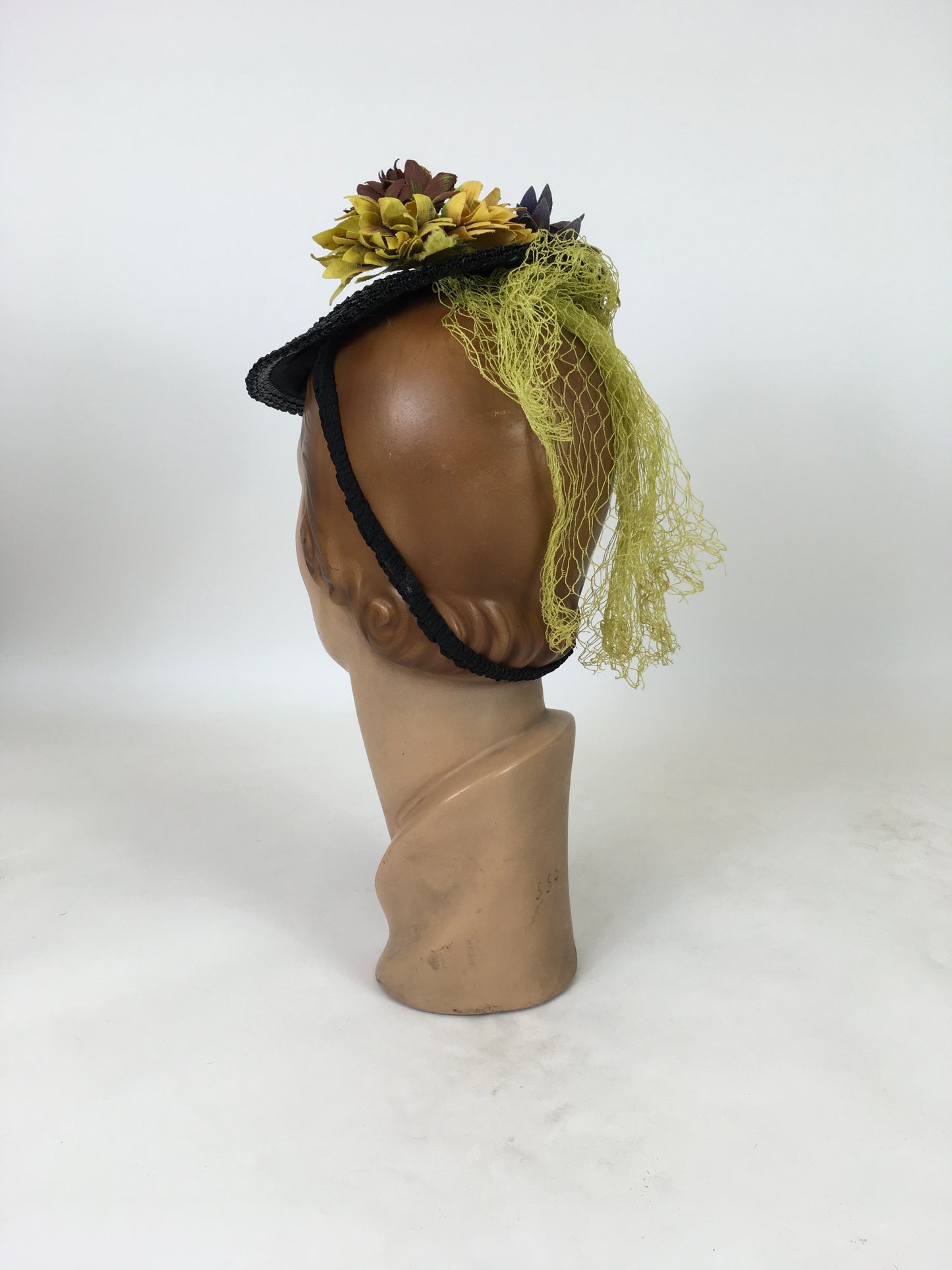 Original 1940's Fabulous Black Topper Tilt Hat - With Pops Of Chartreuse, Red, Lilac & Amber