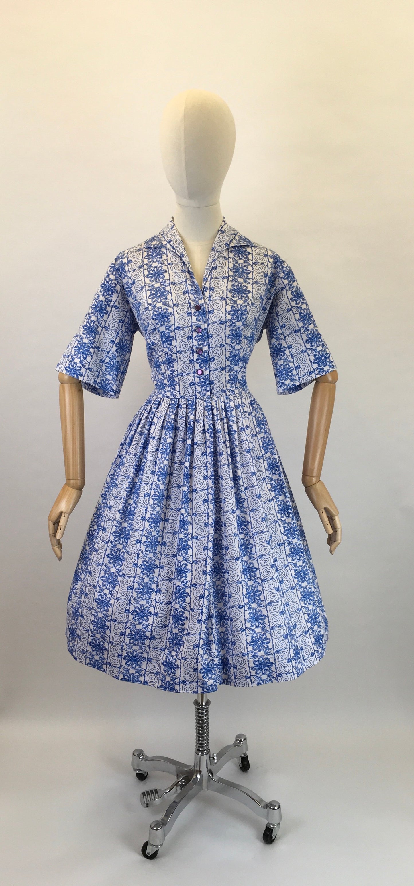 Original 1950s Cotton Day Dress - In a Lovely Cobalt Blue and White Scribble Fabric