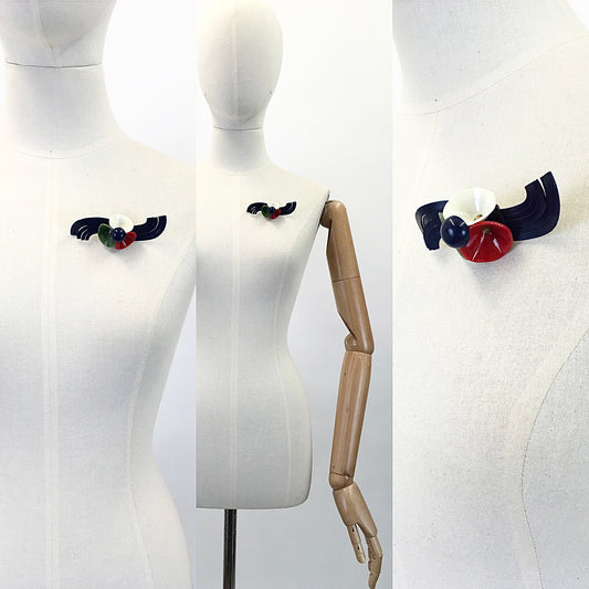Original Late 1930's Early 1940's Celluloid Brooch - In Blue, Red, White & Green