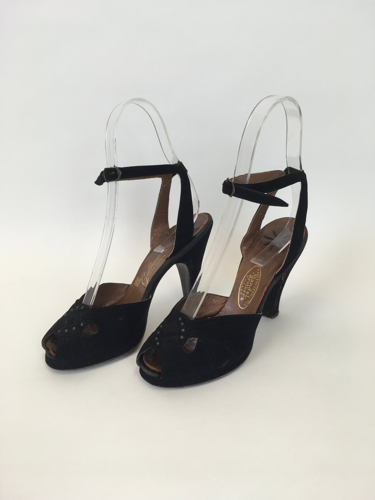 Original 1940s Black Suede Heels - With Peep toe Front Detailing and Buckled Ankle Strap