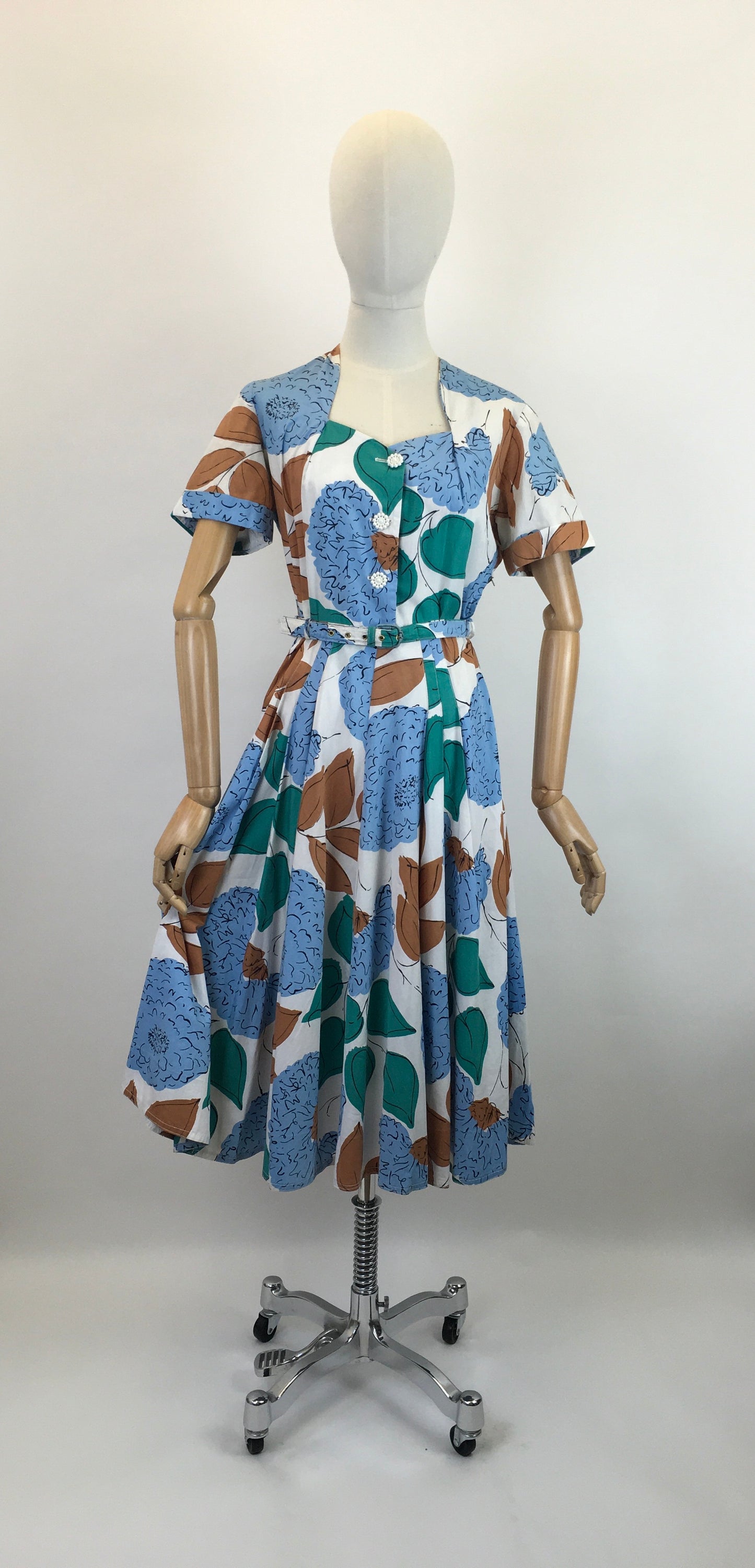 Original Late 1940’s Floral Cotton Day Dress - In Airforce Blue, Caramel Brown, Emerald on Crisp Off White