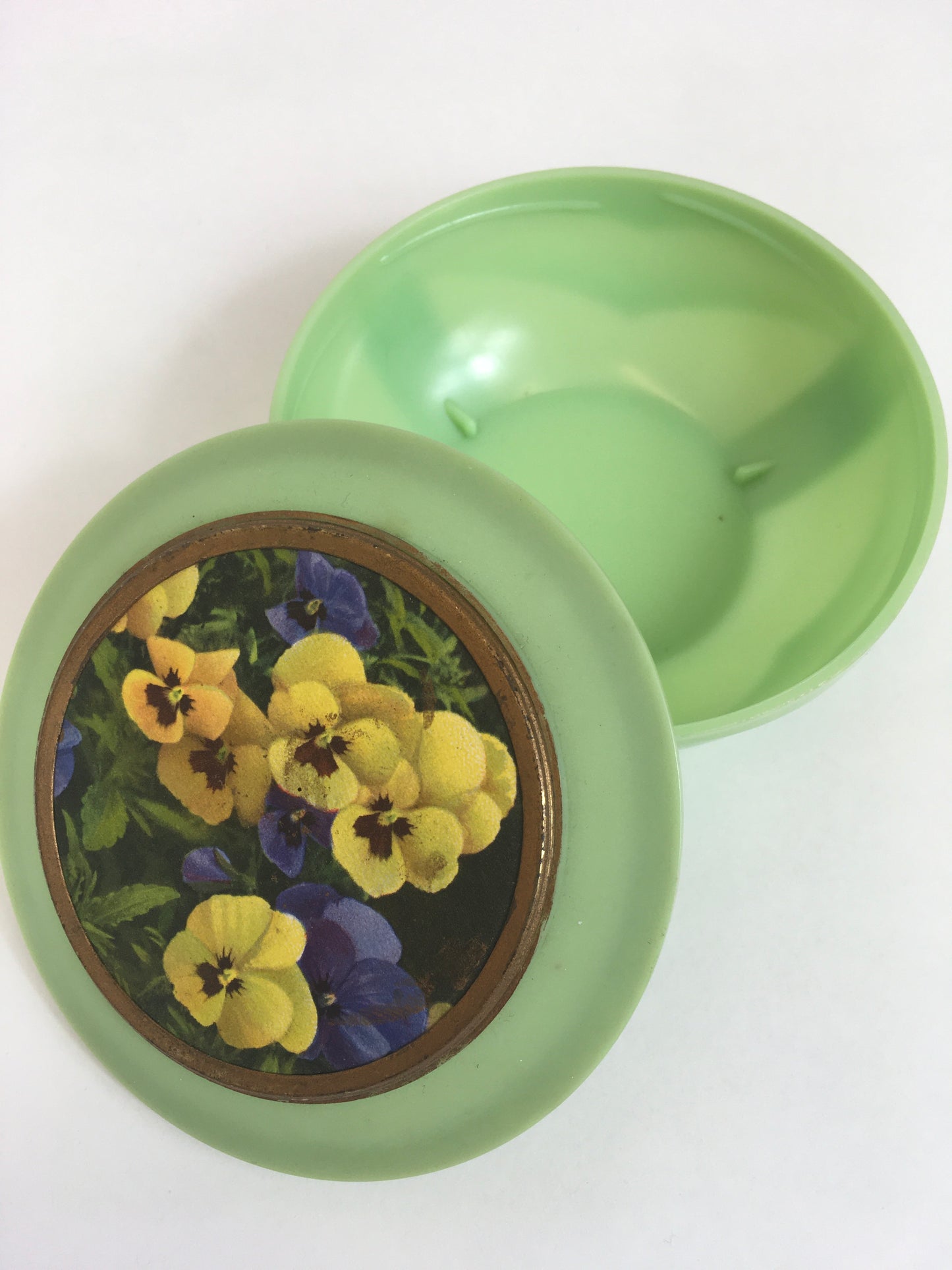 Original Late 1940’s Early 1950’s ‘ Du Barry’ Powder Pot - In Deco Mint Green with Pansy Posies Adornment