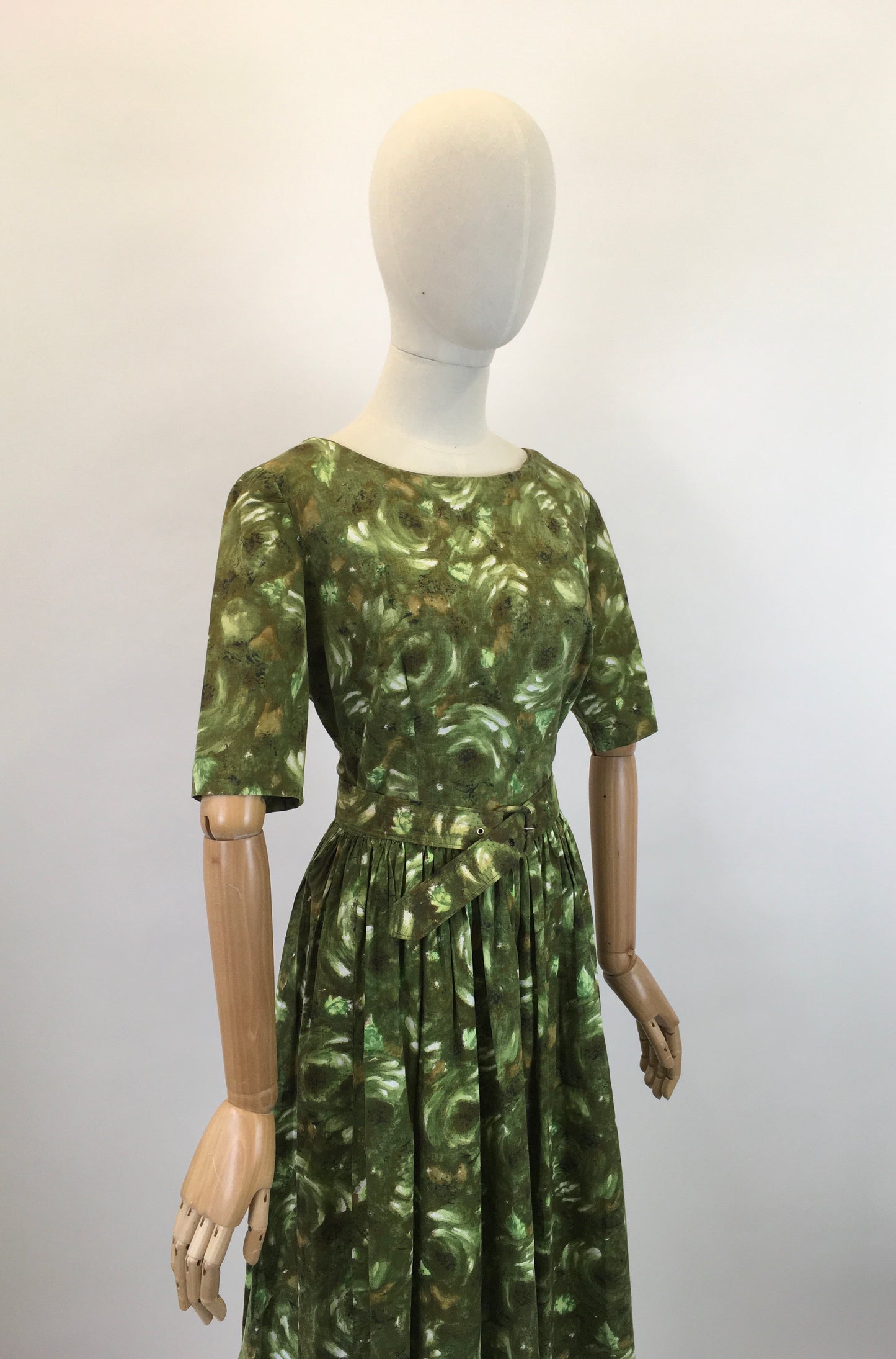 Original 1950's Darling Cotton Day Dress - In Fresh Greens & Chocolate Browns