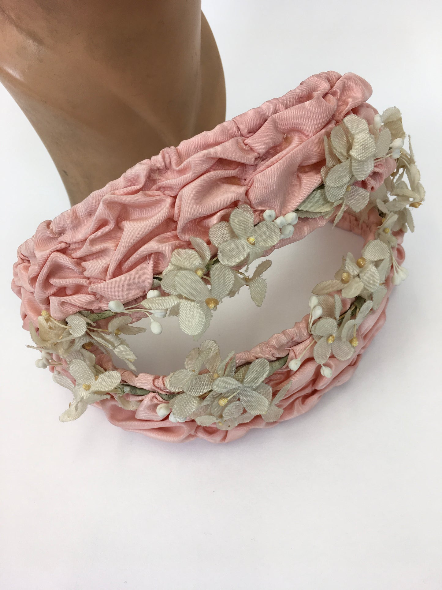 Original 1950s Pink Ruched Headpiece - Adorned with Beautiful Delicate Ivory Florals