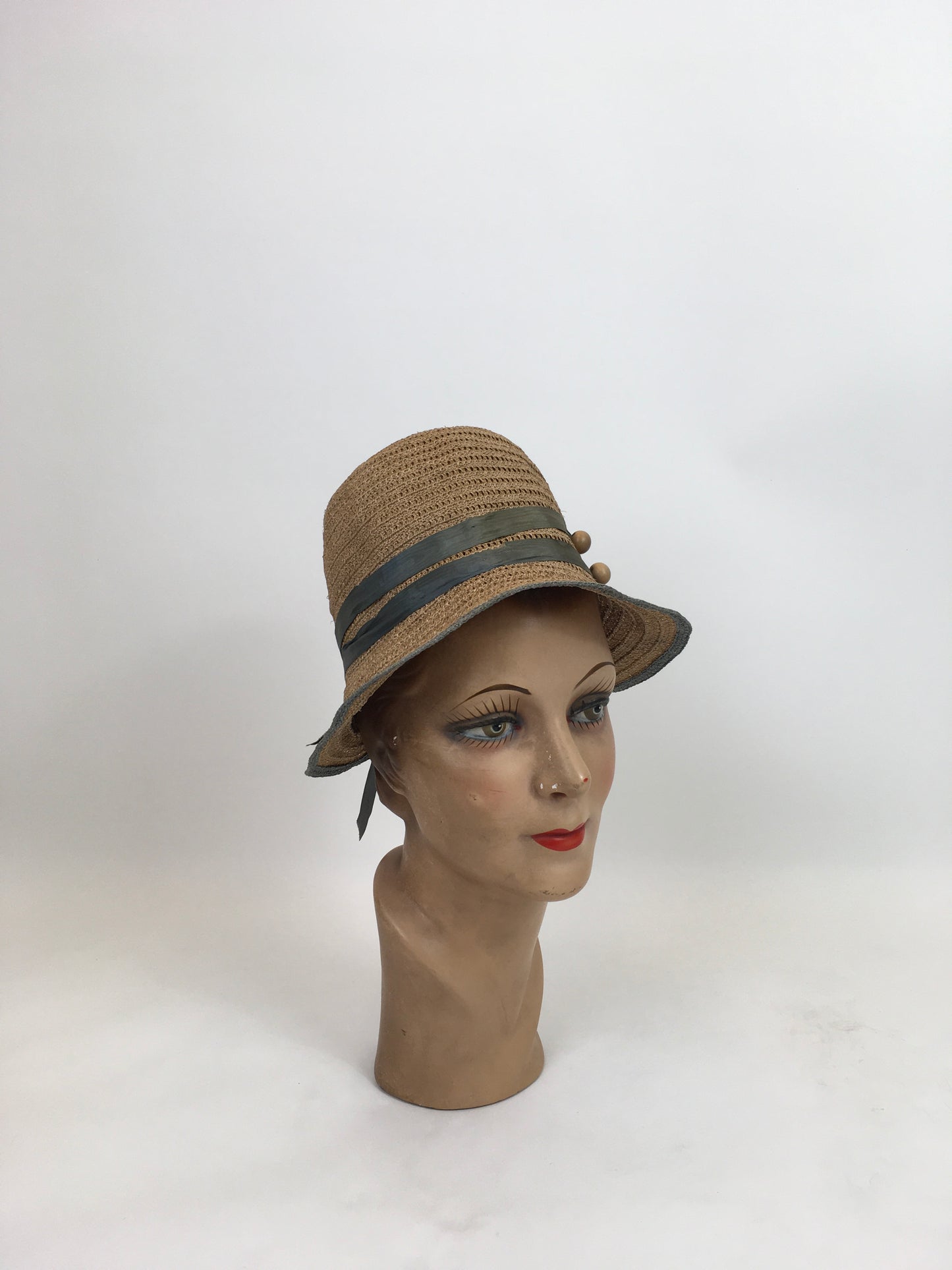 Original 1920's Sublime Natural Sisal Cloche - With Duck Egg Blue Trim and Wooden Ball Embellishment