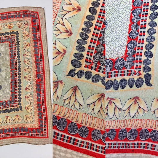 Original 1940’s / 1950’s Silk Hankie - In A Soft Colourway Of Beige, Red, Stencilled Black and Pale Duck egg