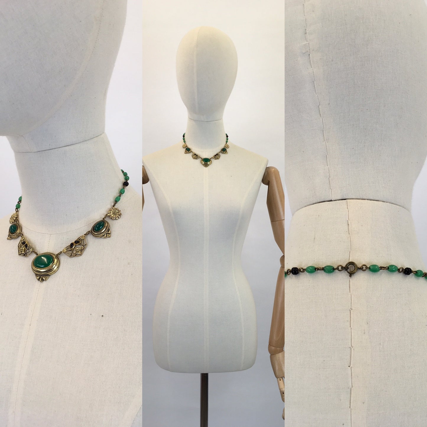 Original 1930s STUNNING Deco Necklace - Brass and Classic Deco Green Glass Beads