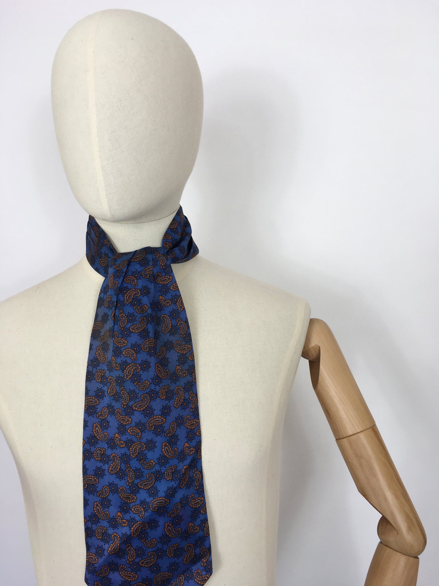 Original late 1950s Mens Silk Cravat - In a Very Fun Blue and Orange Paisley Print