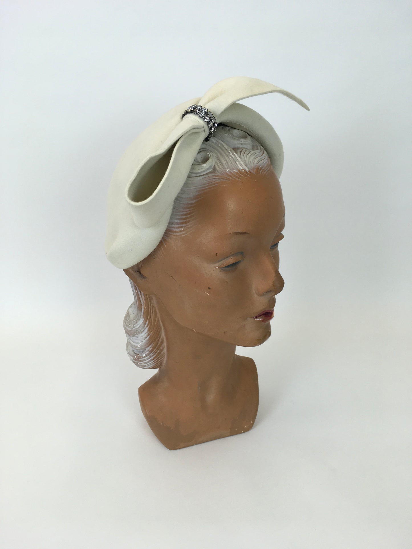 Original 1959’s Ivory Felt Hat - With Diamanté Paste Embellishment to The Big Bow Front