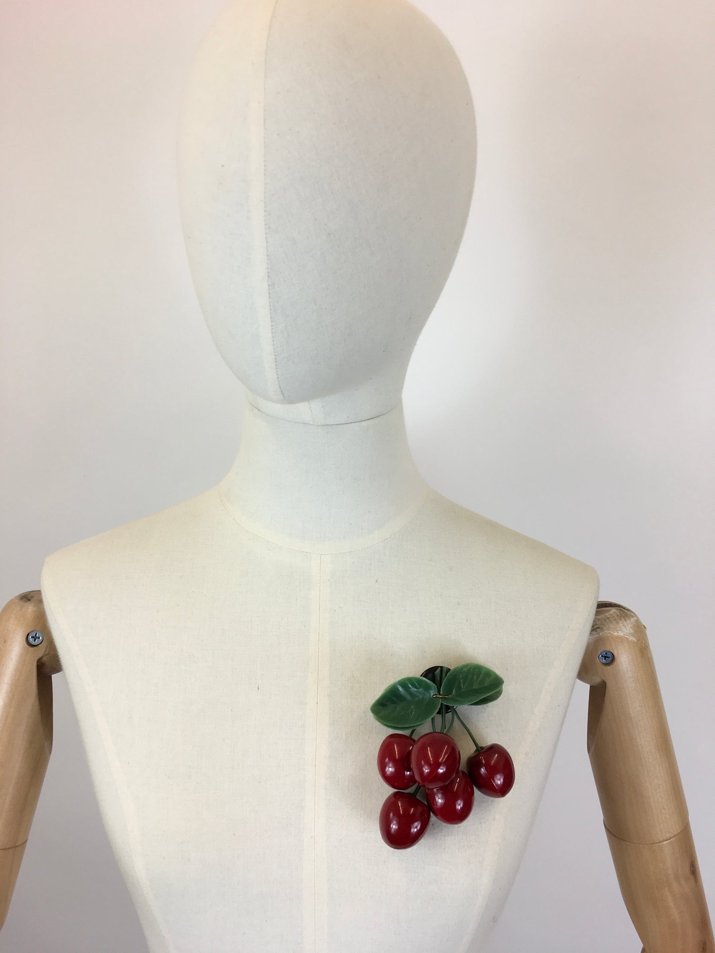 Original 1950's Fabulous Bunch Of Cherries Brooch - In Glossy Cherry Red & Green