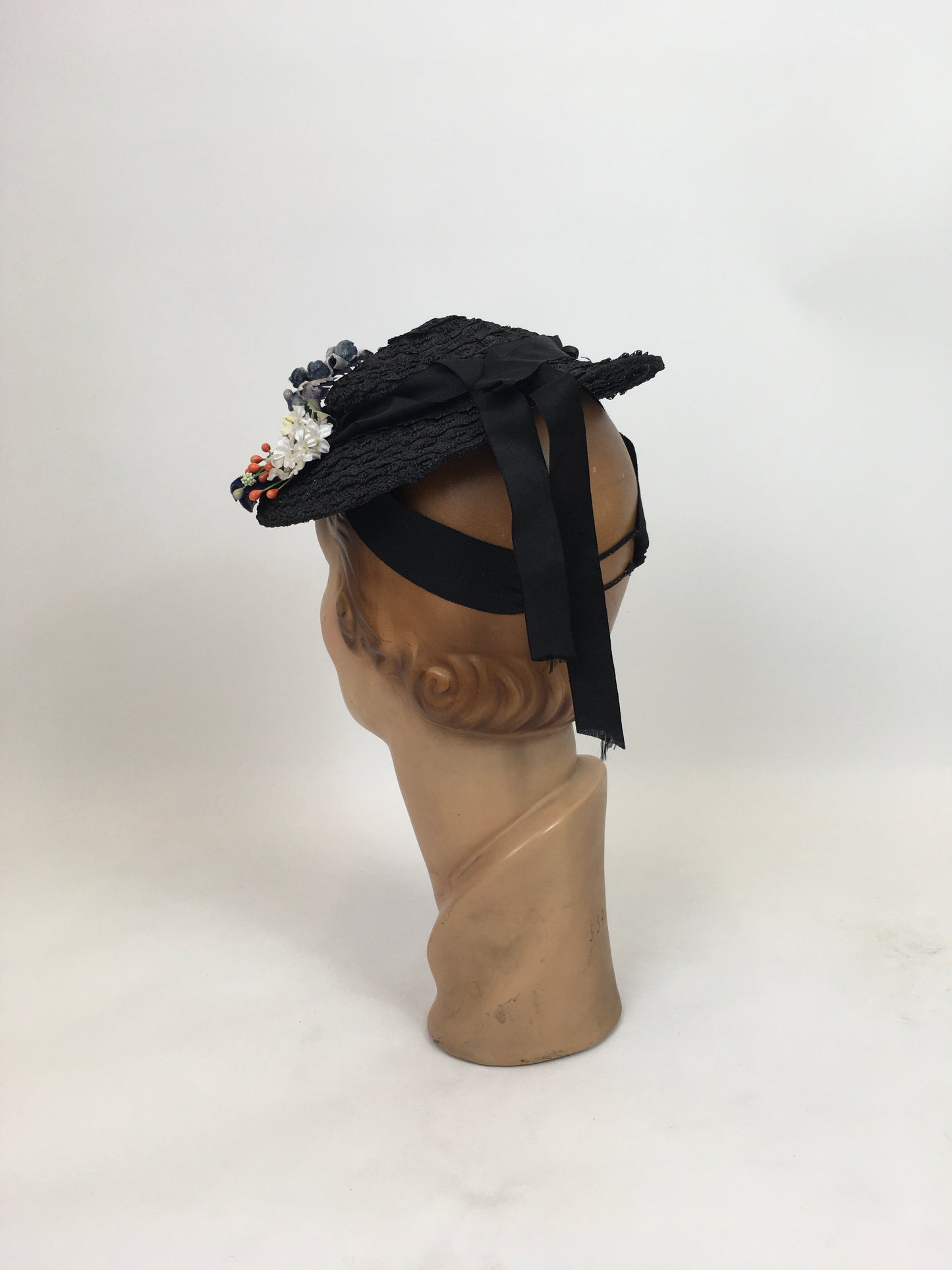 Original 1930's Fabulous Tilt Hat - In Black Straw with Silk Velvet/ Silk and Floral Millinery Adornments