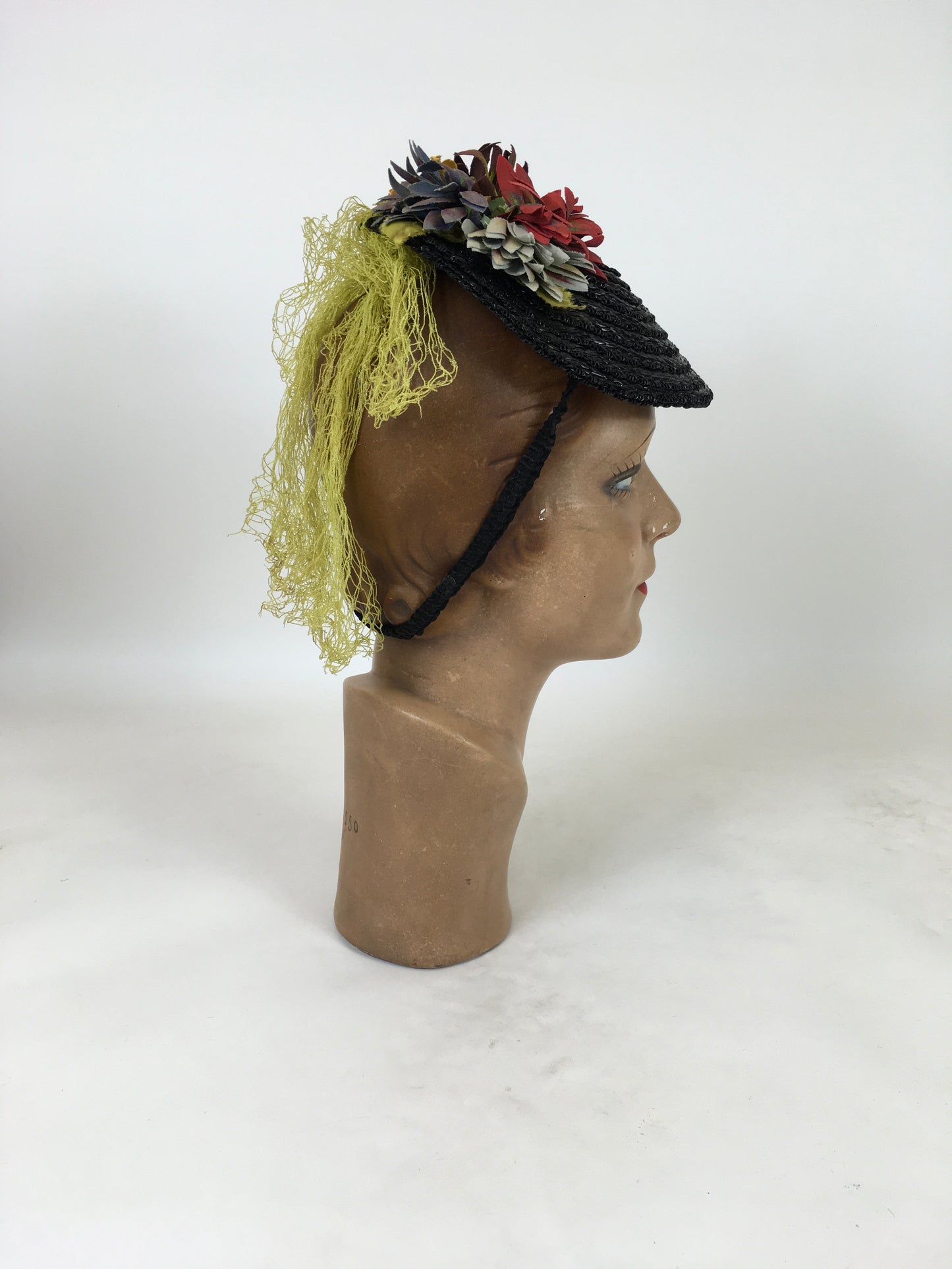 Original 1940's Fabulous Black Topper Tilt Hat - With Pops Of Chartreuse, Red, Lilac & Amber