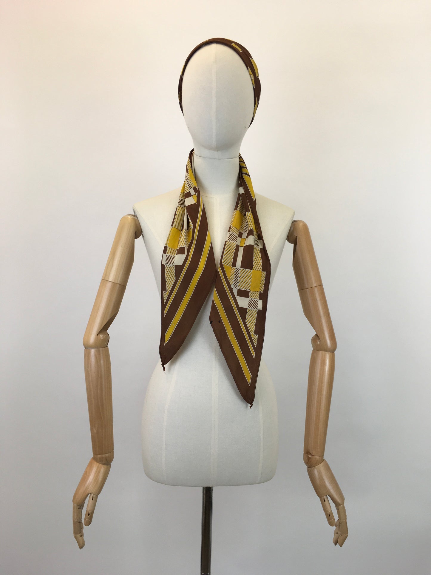 Original 1930’s Rayon Deco Pointed Scarf - In Mustards, Ivory and Warm Brown