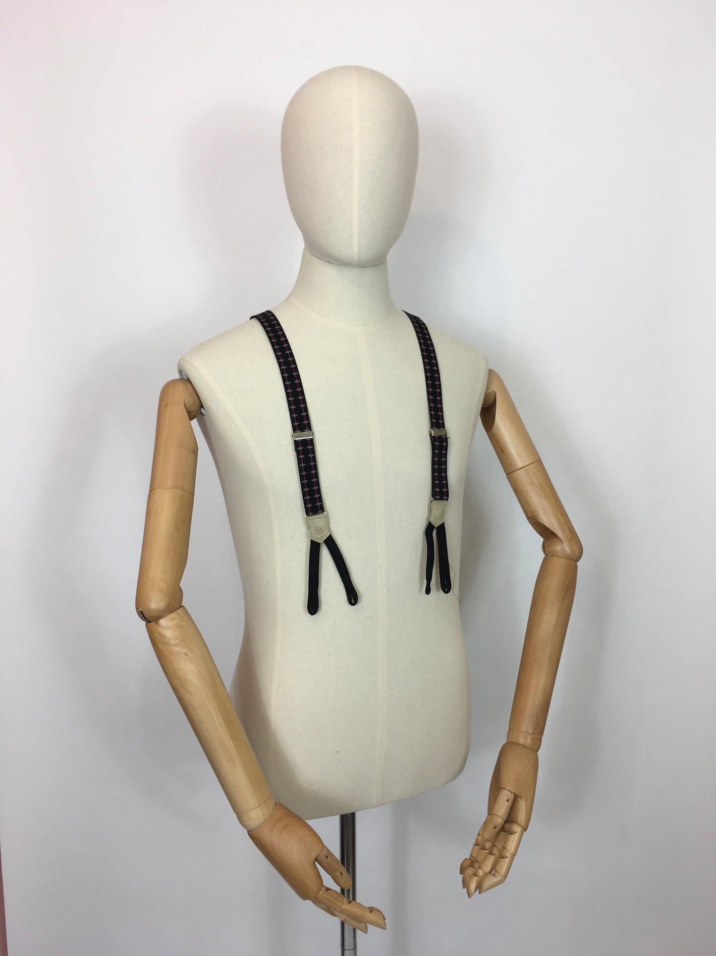 Original Men’s Braided End Button Braces - In A Geometric Print in Black, Red & Greys