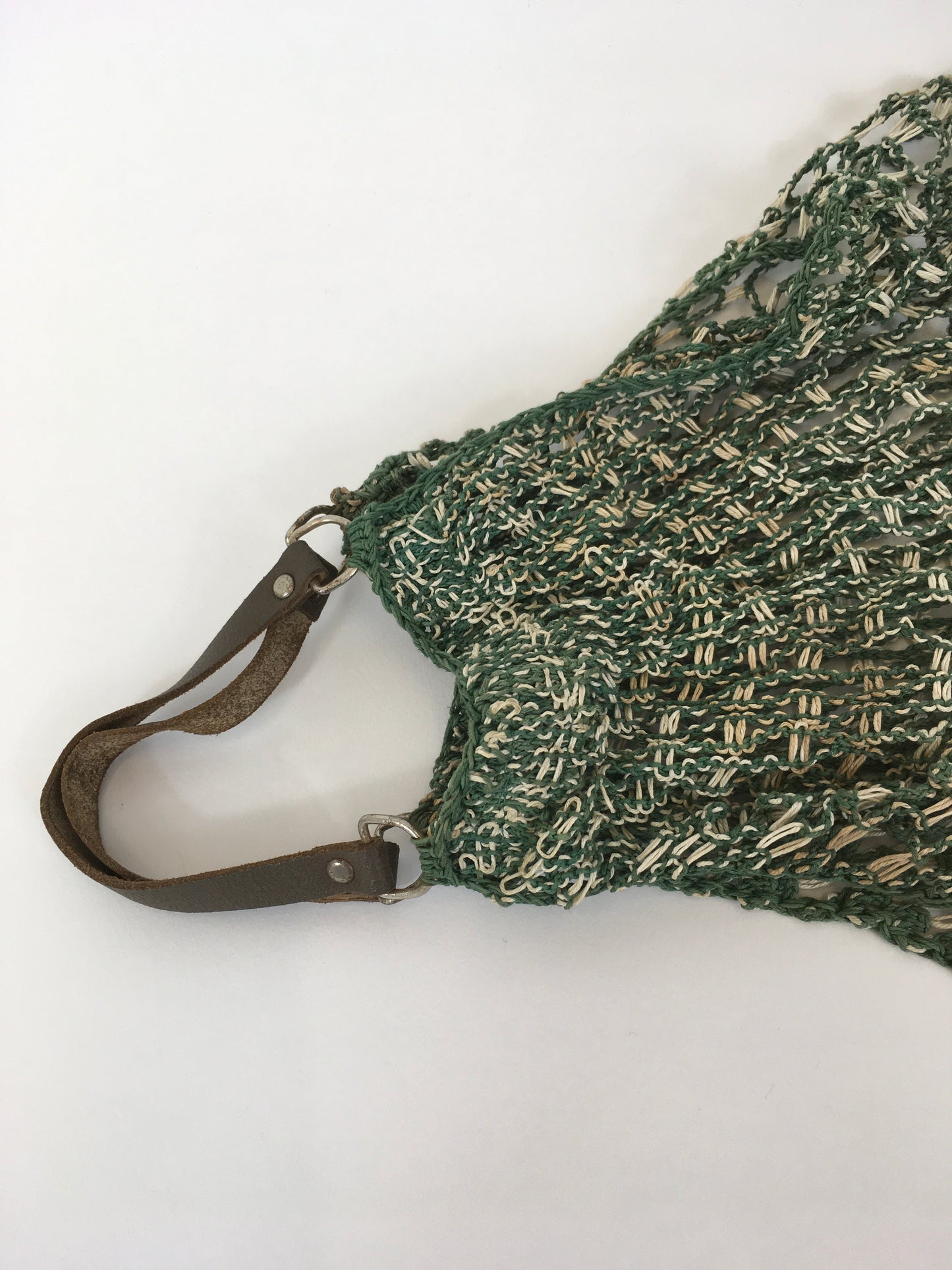 Original 1930’s / 1940’s String Bag with Leather Handles - In Green & White
