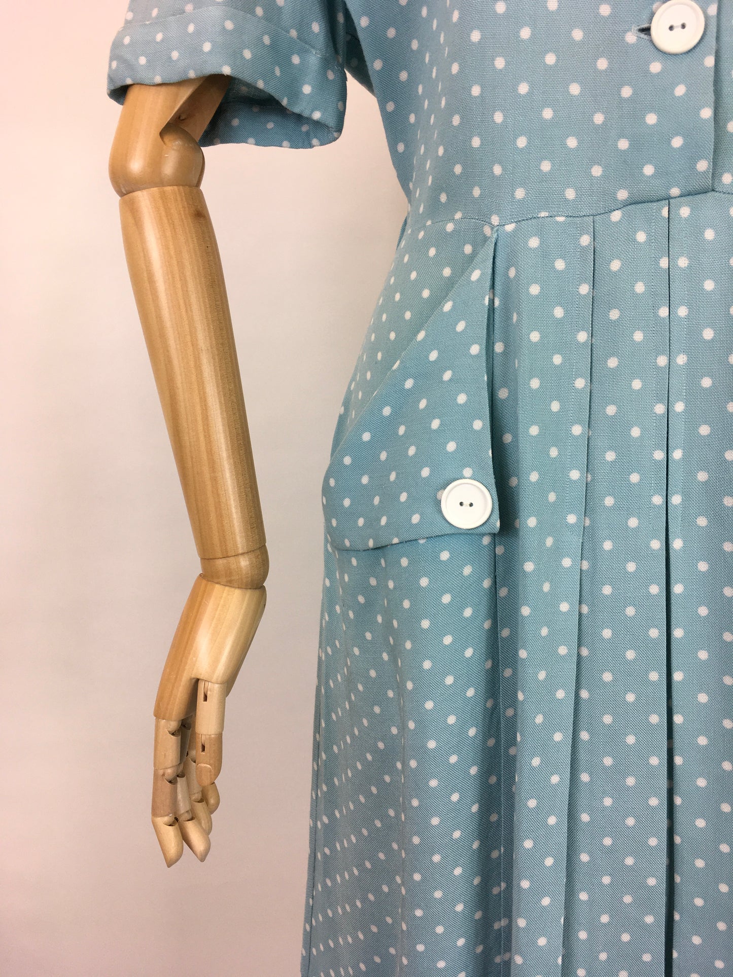 Original 1940’s STUNNING Day Dress - In A Soft Duck Egg Polka Dot Moygoshal Linen