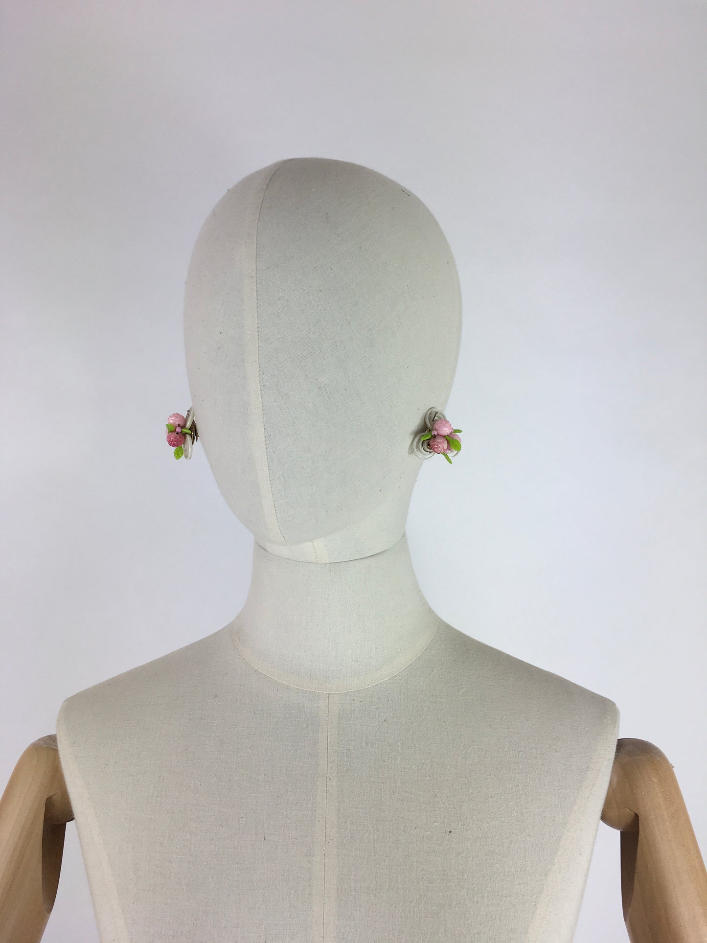 Original 1950s Clip on Earrings - In a Fabulously Fun Petal Design with Rosebuds in Pink, White and Green