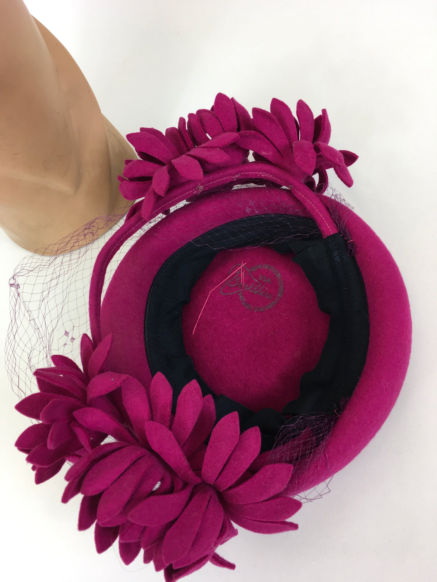 Original 1940’s Fabulous Fuchsia Pink Tilt Hat - With Back Plate and Floral Adornments