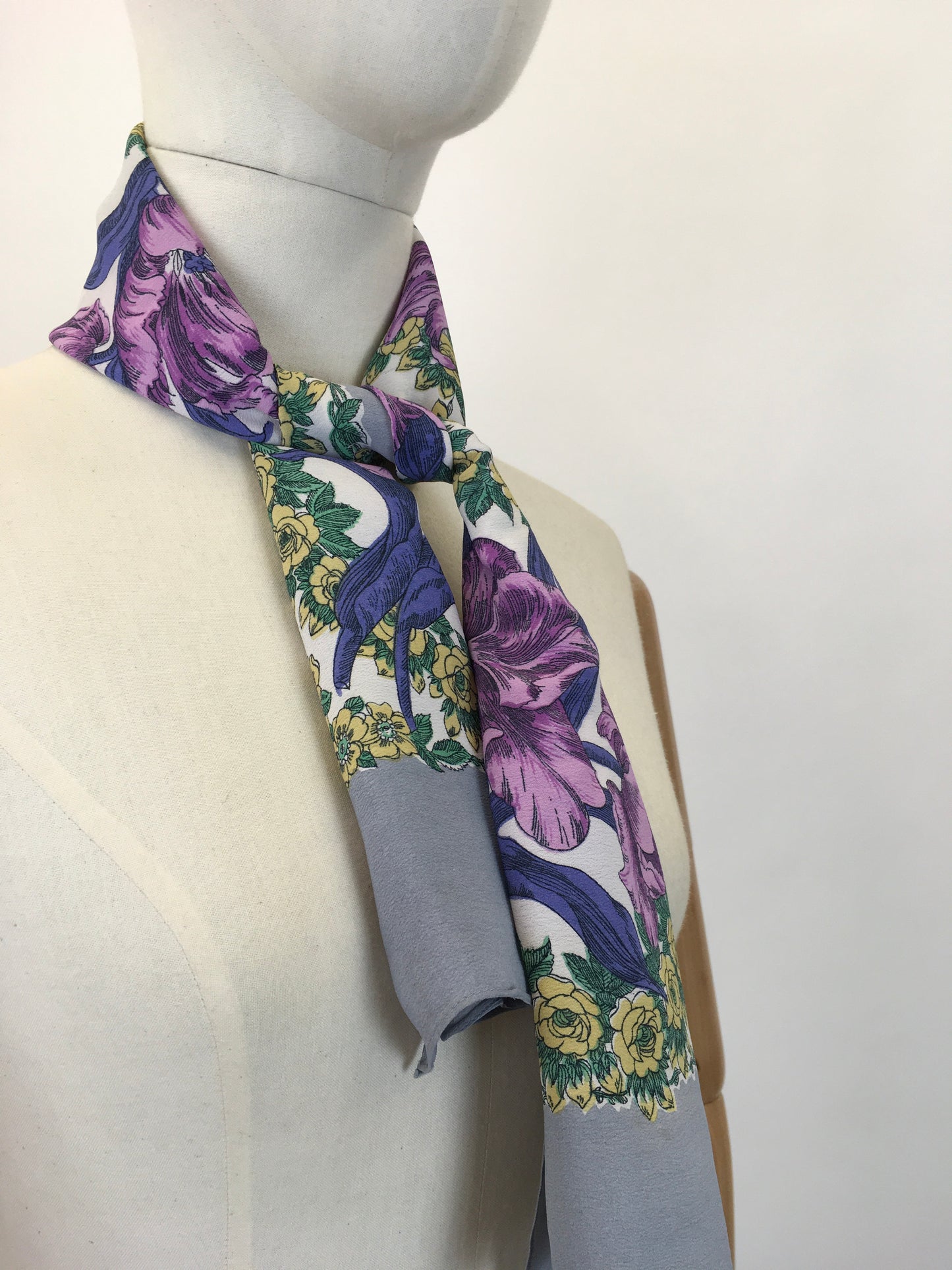 Original 1940's Floral Rayon Scarf - In Rich Purples, Mauves, Yellow & Green