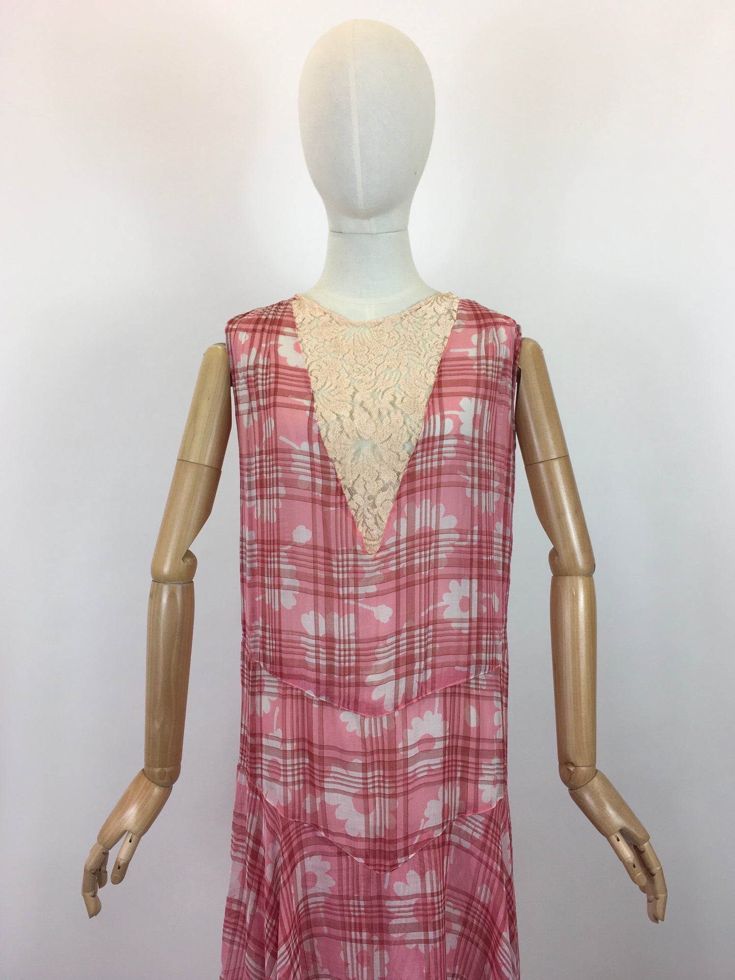 Original 1920's Darling Cotton Lawn Day Dress - In A Rose Pink Floral and Plaid Cloth