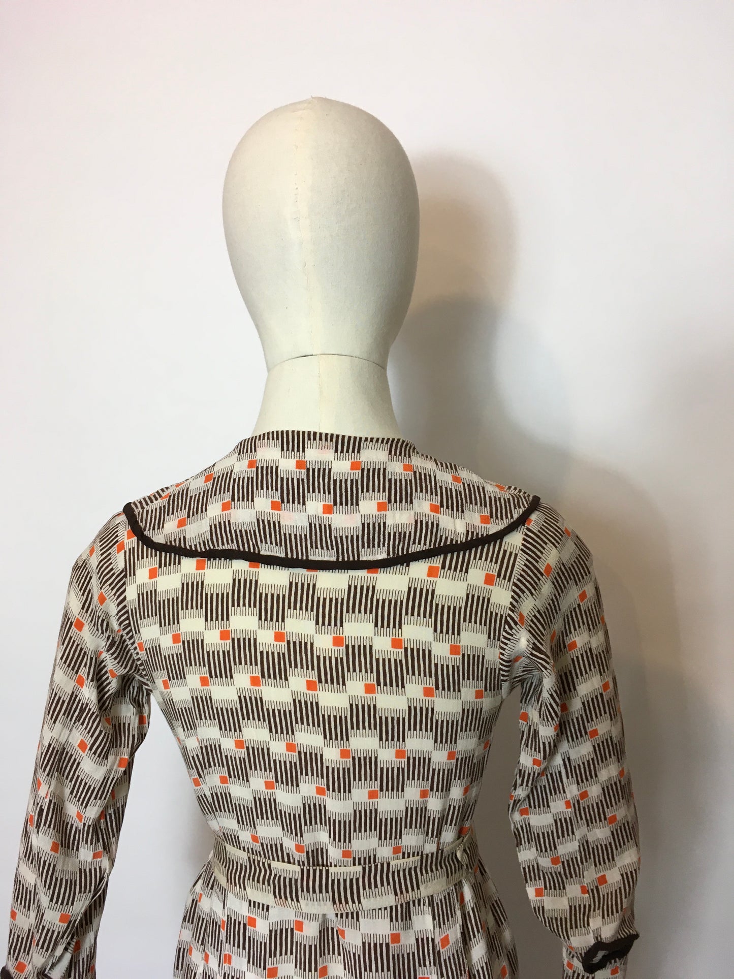 Original 1930’s Day Dress in an Amazing Geometric / Cigarette Print Dress in Browns, old Creams and deco Oranges - Festival Of Vintage Fashion Show Exclusive