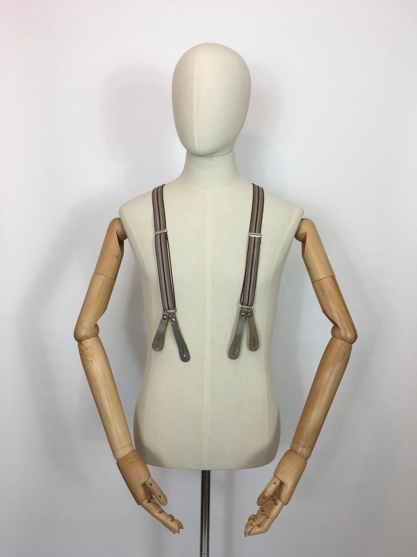 Original 1940s Mens Braces with Grey Leatherwork - In A Burgundy and Grey Stripe