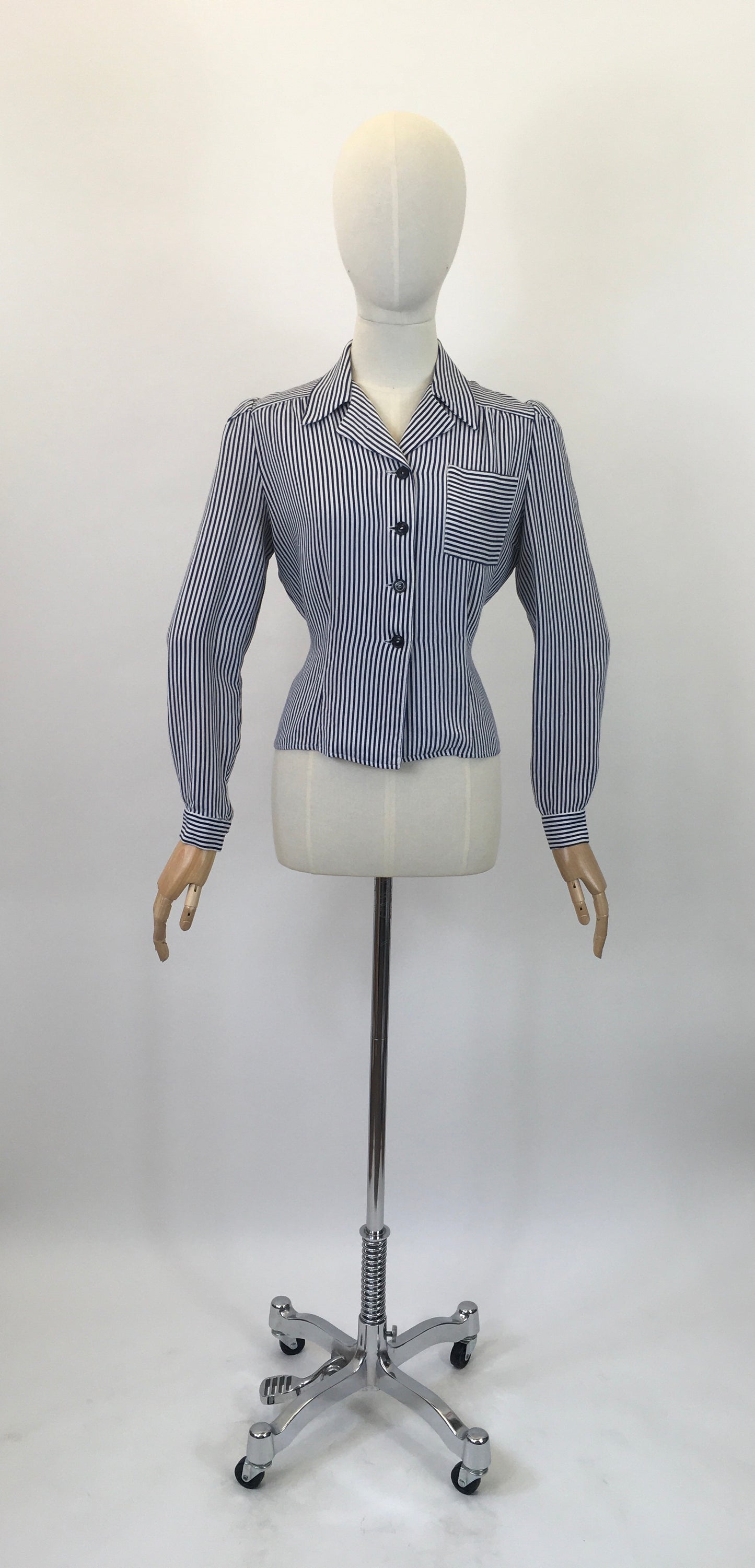 Original 1940's Fabulous CC41 Utility Blouse - In A Classic Navy & White Linen